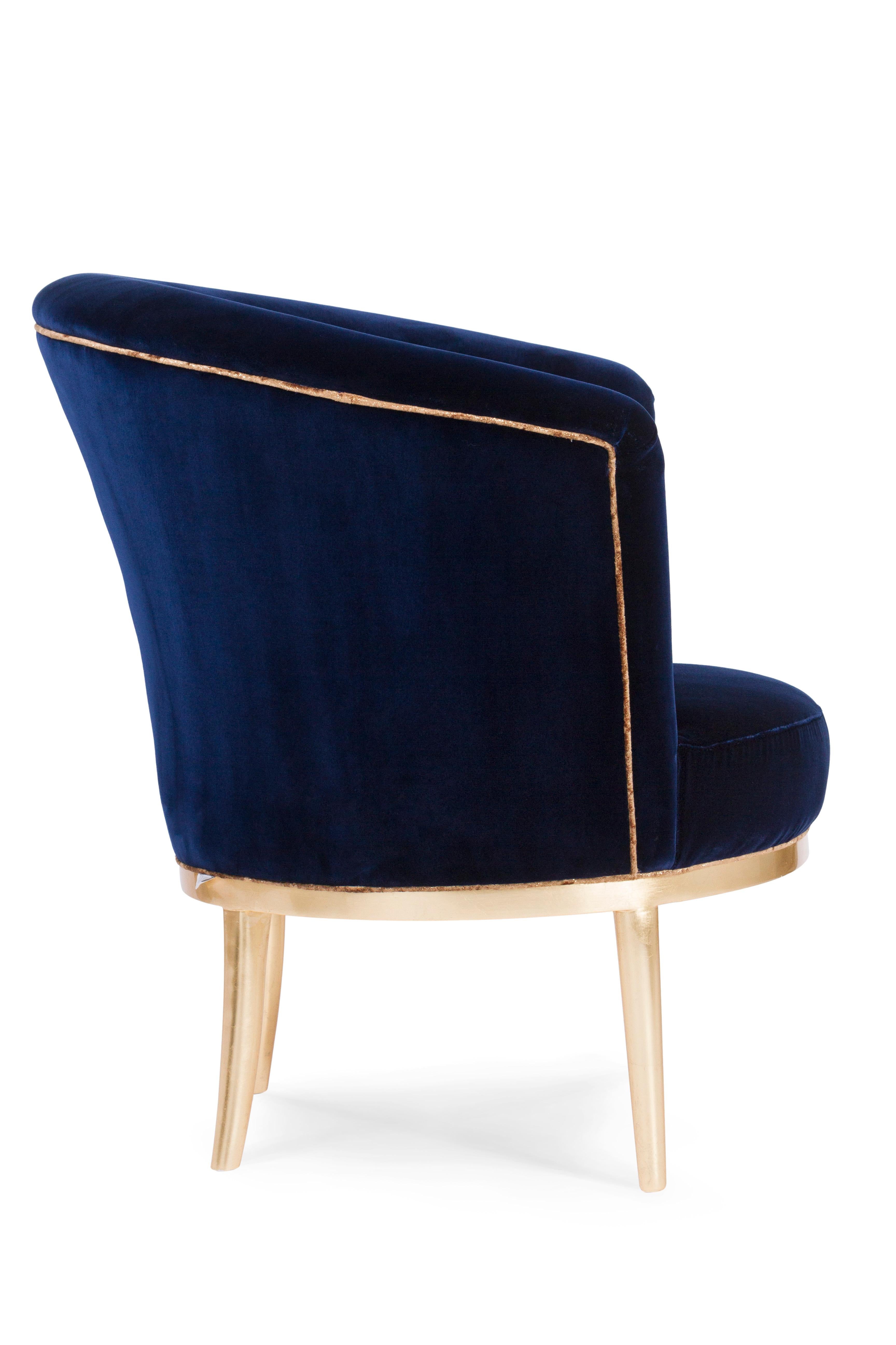 Modern Art Deco Lisboa Lounge Chair Blue Velvet Gold Leaf Handmade Portugal Greenapple For Sale