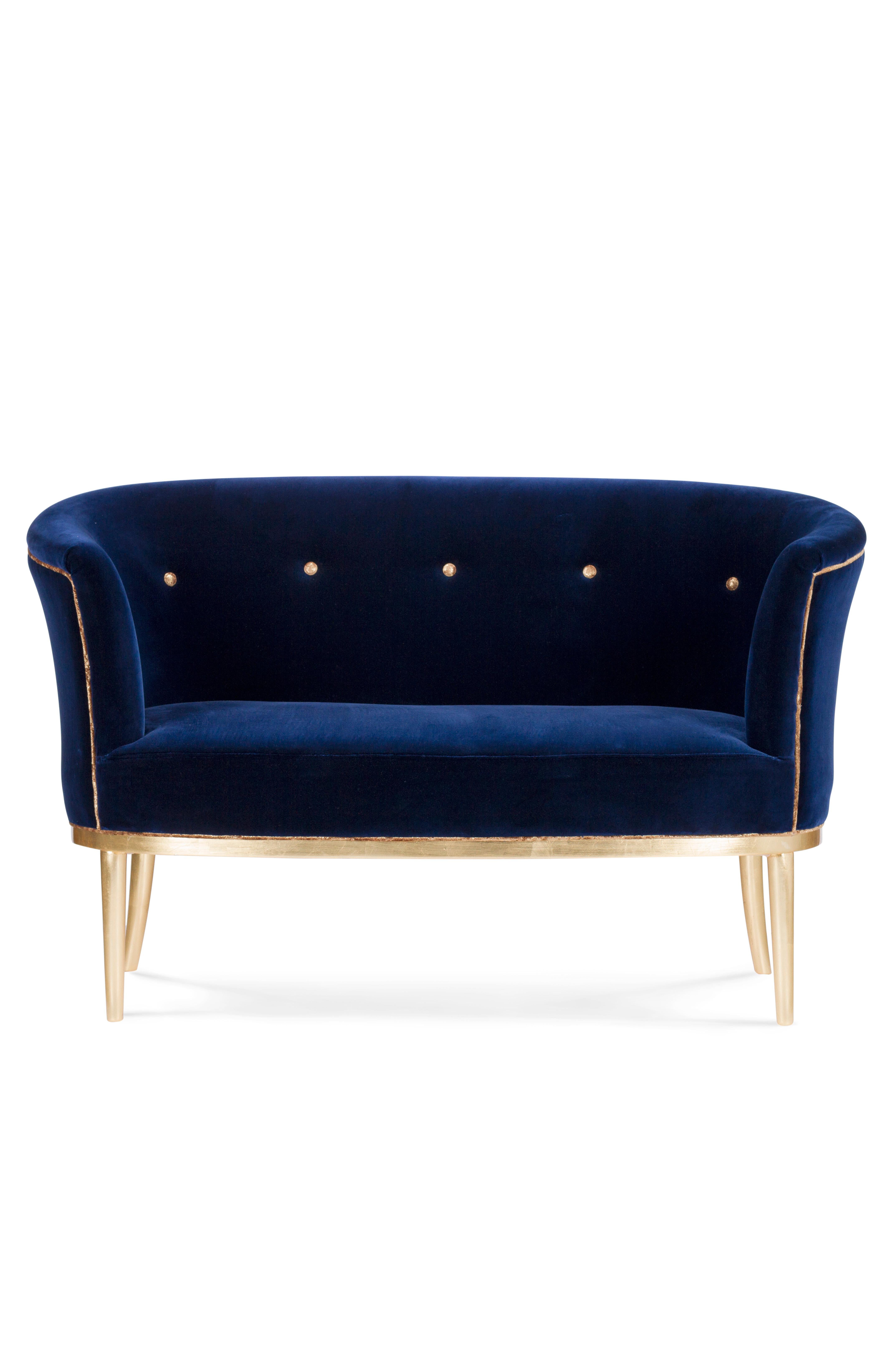 Art Deco Loveseat Lisboa Sofa Blau Samt Blattgold Handmade Portugal Greenapple (Neoklassisch) im Angebot