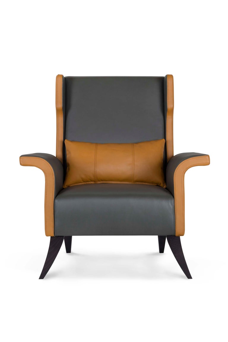 21st Century Contemporary Neoclassical Tile Armchair Green and Camel Leather Handcrafted in Portugal - Europe by Greenapple. 

Built with the best materials and skilled craftsmanship, this high-end modern classic wooden armchair is a segment