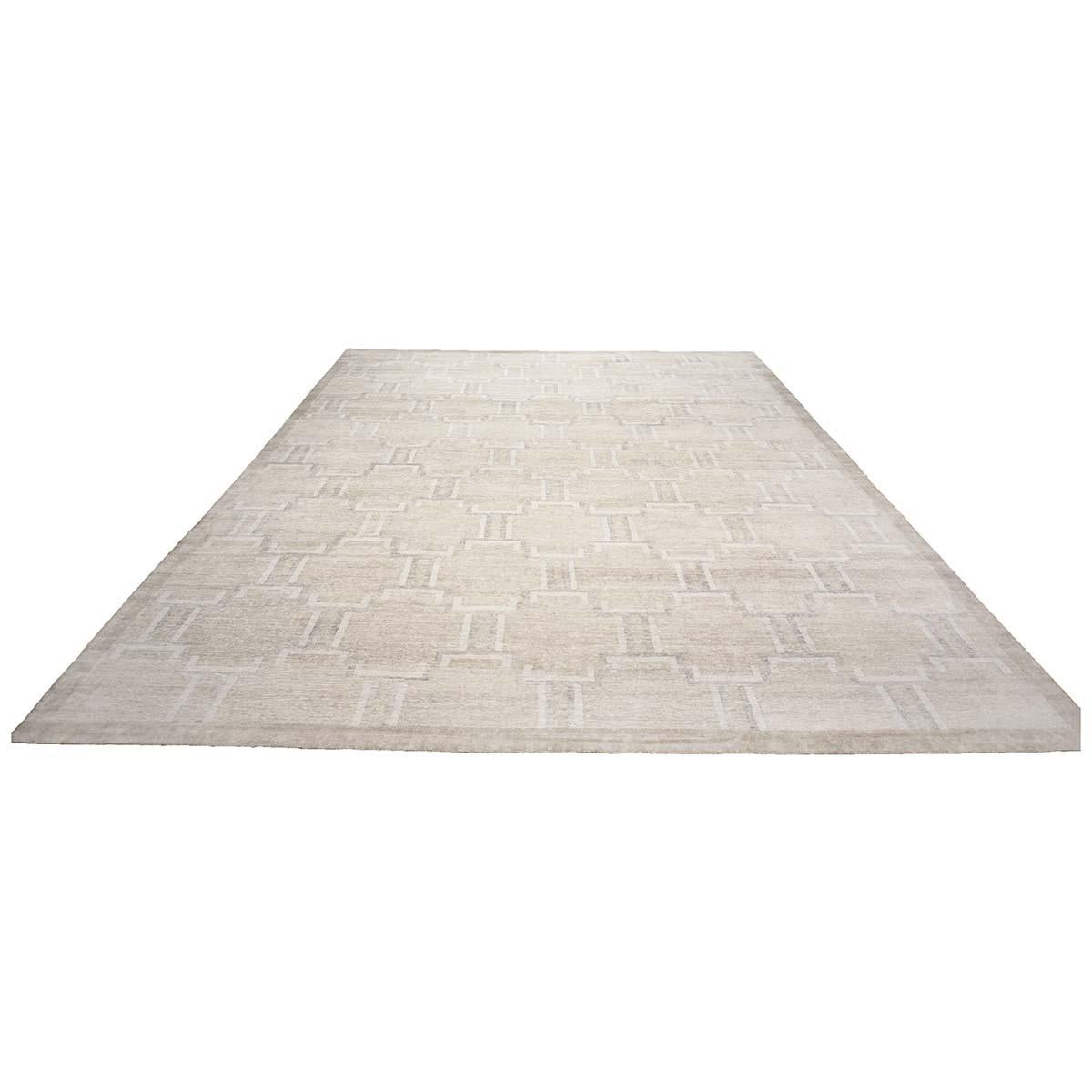 Tissé à la main Tapis moderne népalais du 21e siècle en laine et soie ivoire 12X15 n° 1143905 en vente