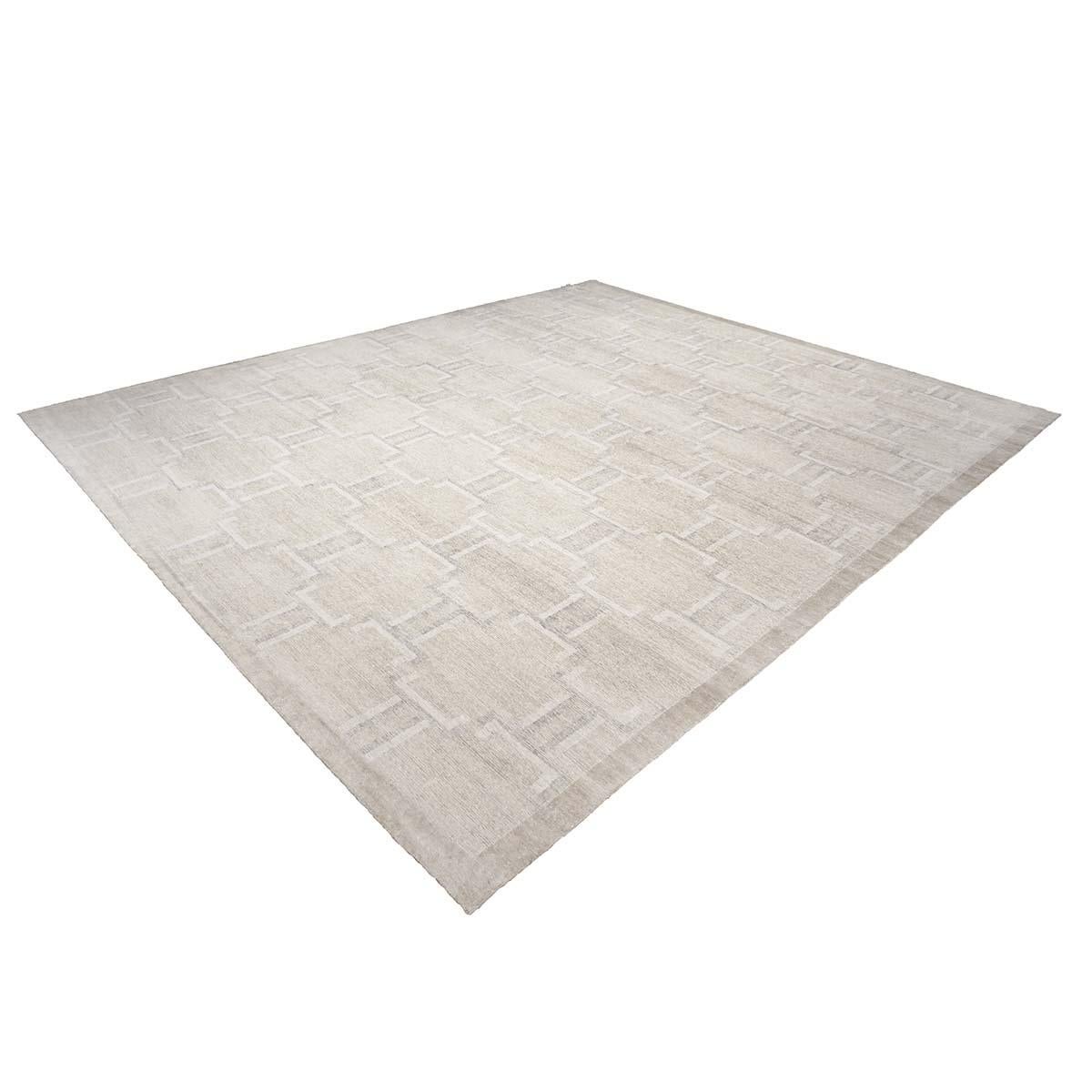 21st Century Nepalese Modern Wool & Silk 12X15 Ivory Area Rug #1143905 For Sale 1