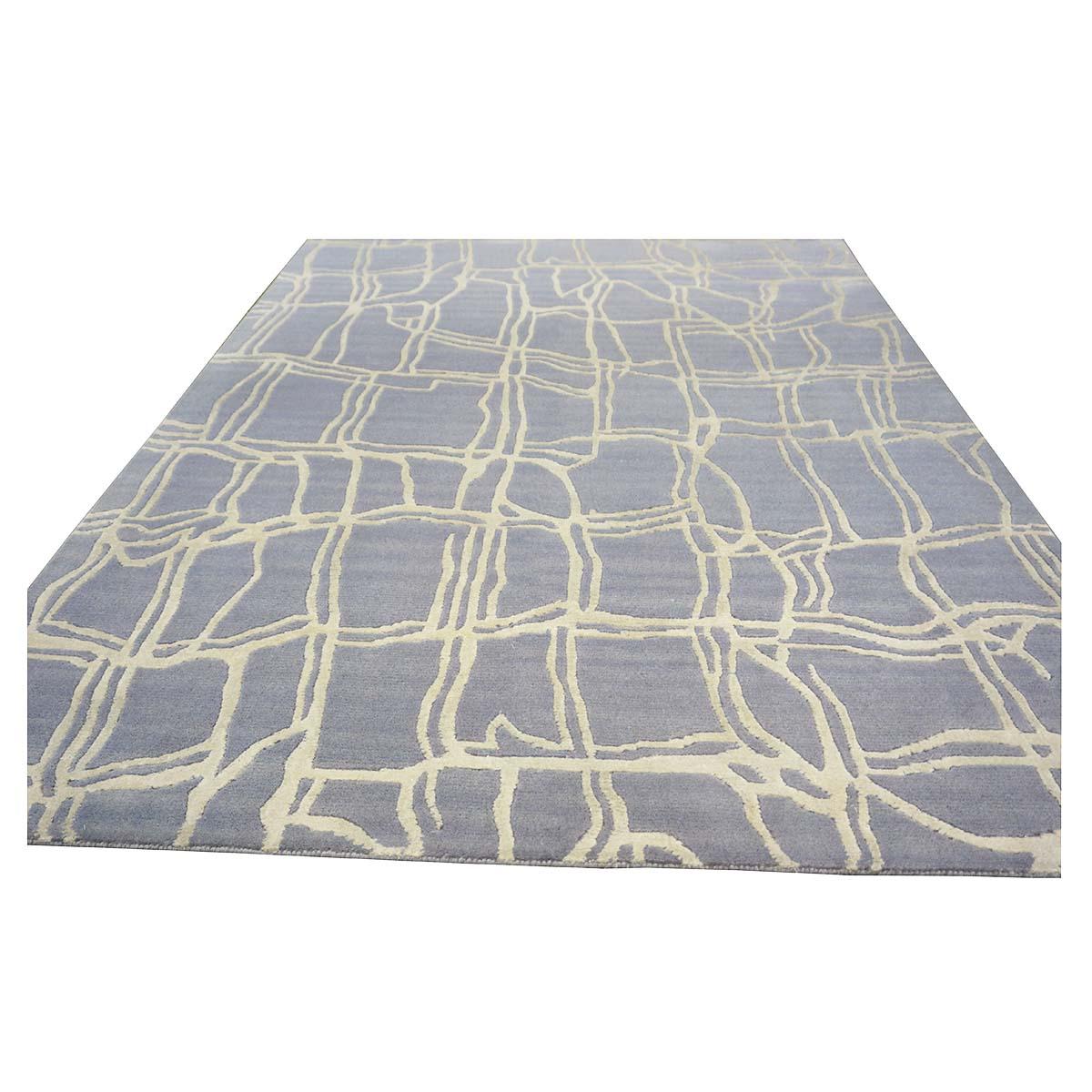 Hand-Knotted 21st Century Nepalese Modern Wool & Silk 4X6 Slate Blue & Light Grey Area Rug For Sale