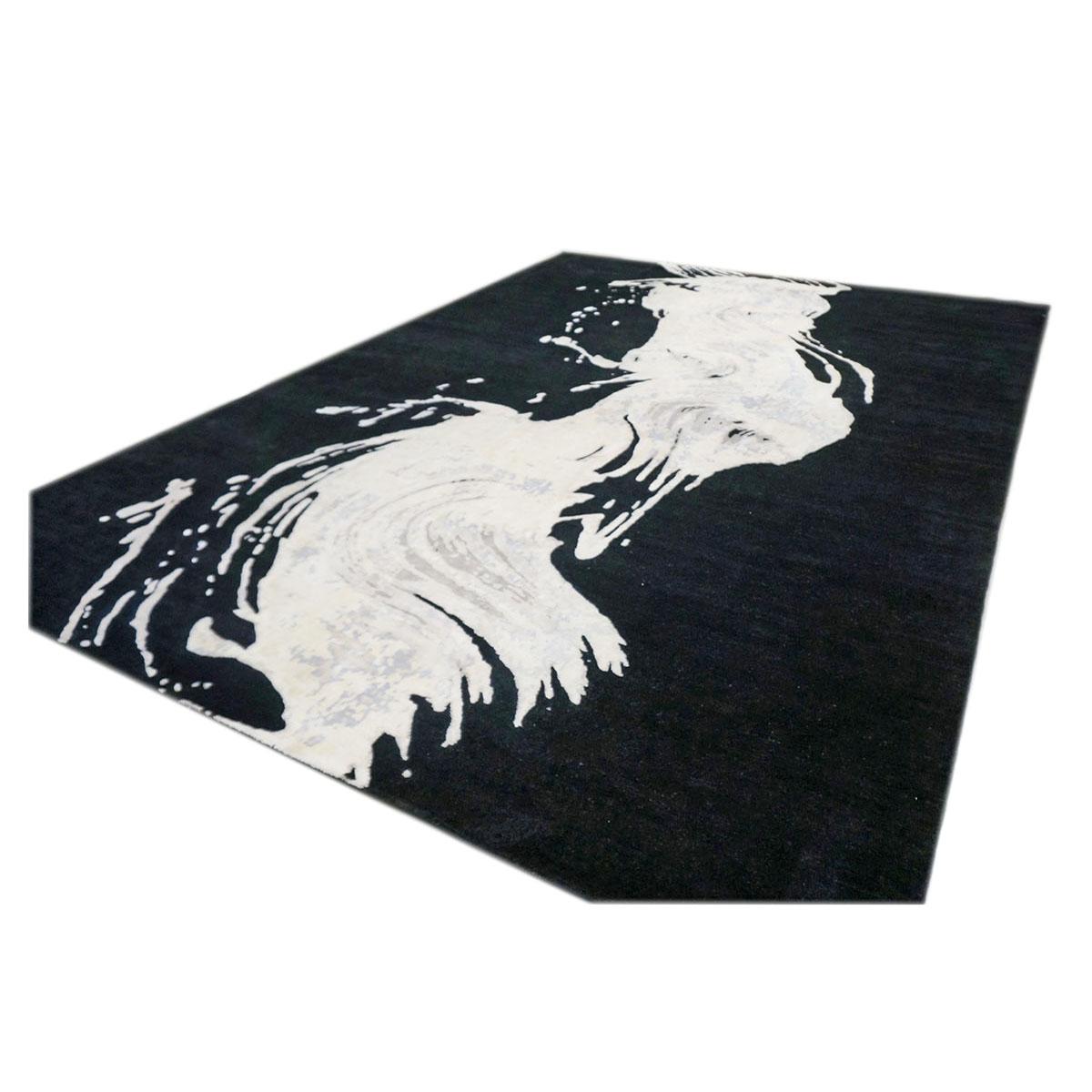 Nepalese 21st Century Modern Wool & Silk 6x9 Black & White Wave Design Handmade Area Rug