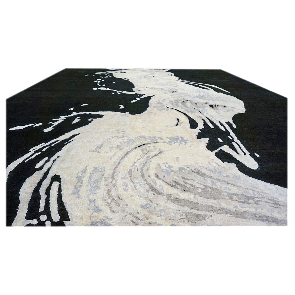 Hand-Crafted 21st Century Modern Wool & Silk 6x9 Black & White Wave Design Handmade Area Rug