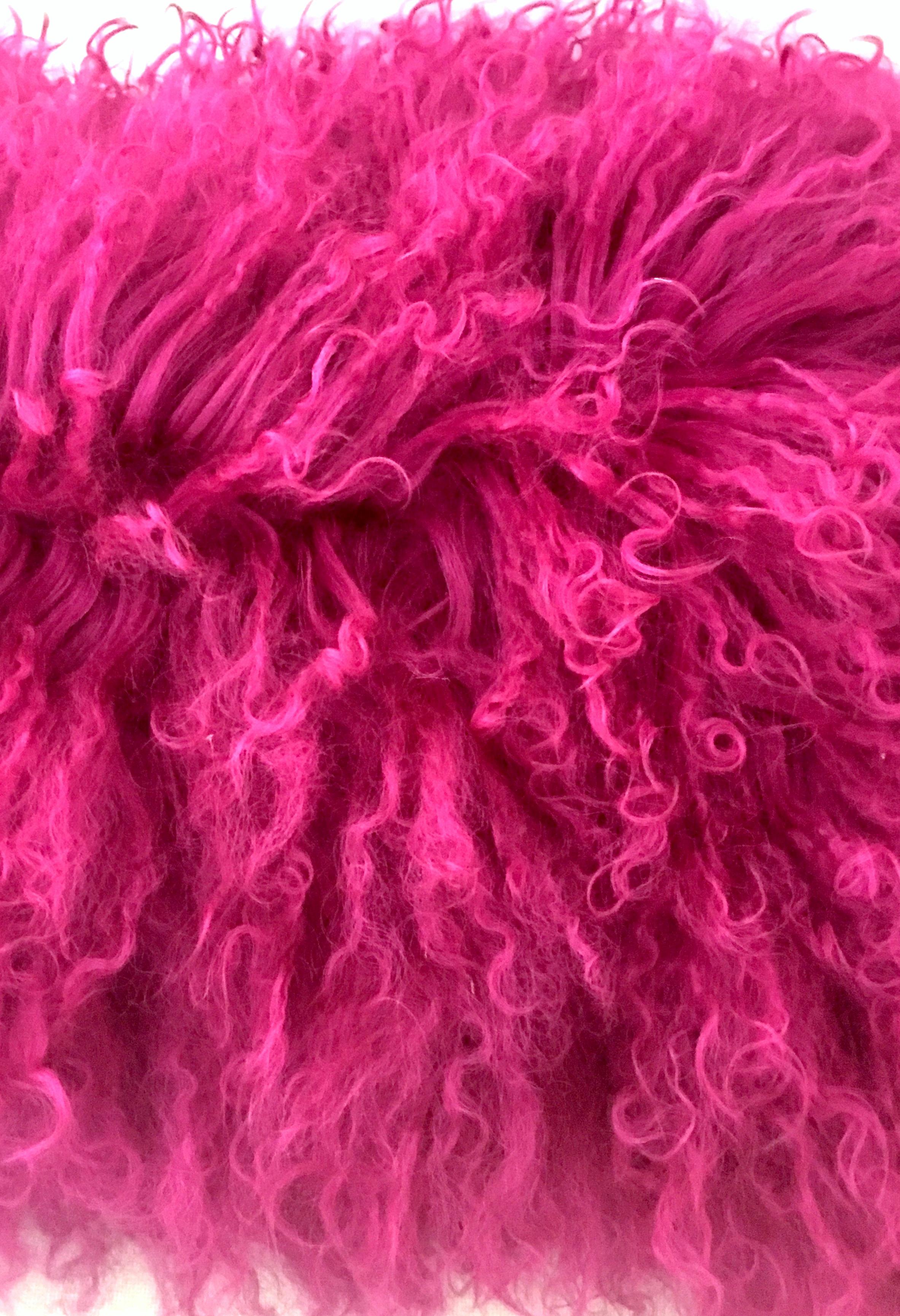 Contemporary 21st Century and New Fuchsia Wool Fur Curly Long Hair Lumbar Pillow by, Auskin