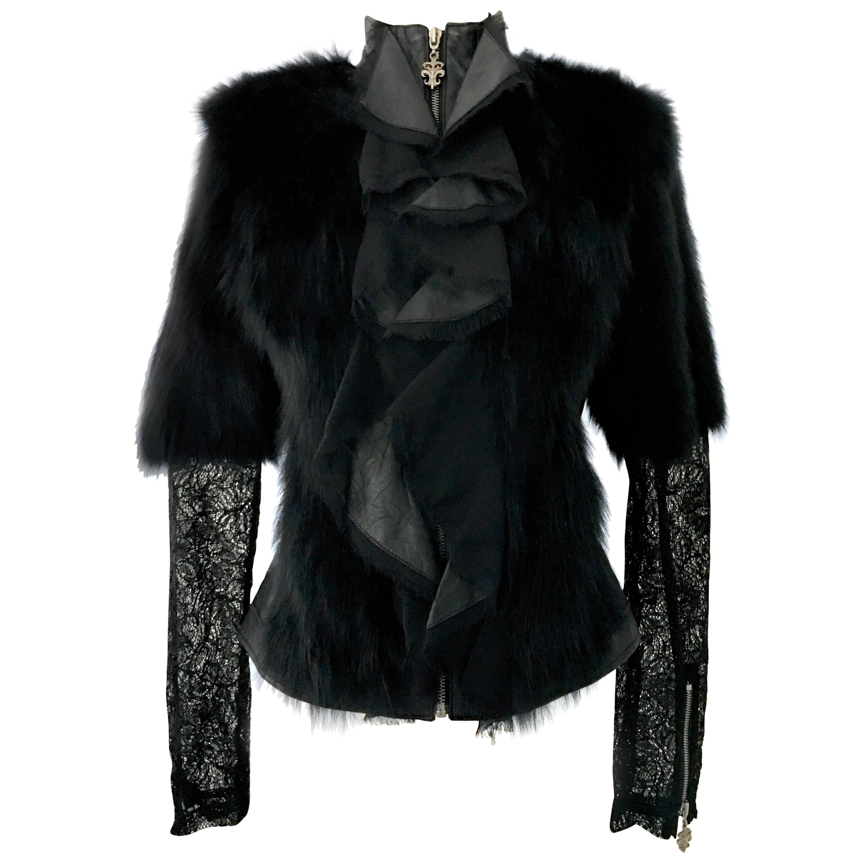 21st Century & New Coveted Black Leather, Authentic Fox Fur & Lace shirt/jacket by, Royal Underground - Nikki Six & Kelley Gray. Features a fitted zipper front bodice in black soft leather with black fox fur trim and black lace panels and sleeves.