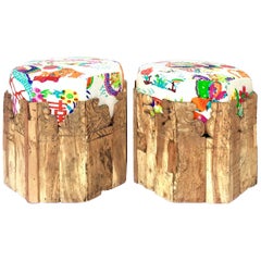 21st Century New Pair of Hand Carved Wood and Belgian Linen Seat Ottomans