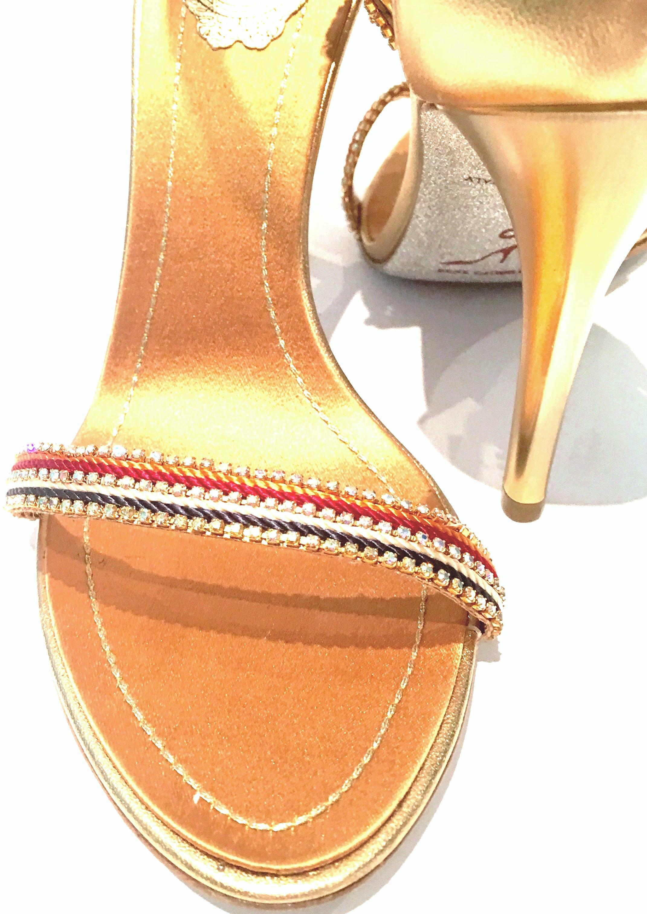 21st Century New Rene Caovilla Metallic Embellished Ankle Wrap Sandals  In Excellent Condition For Sale In West Palm Beach, FL