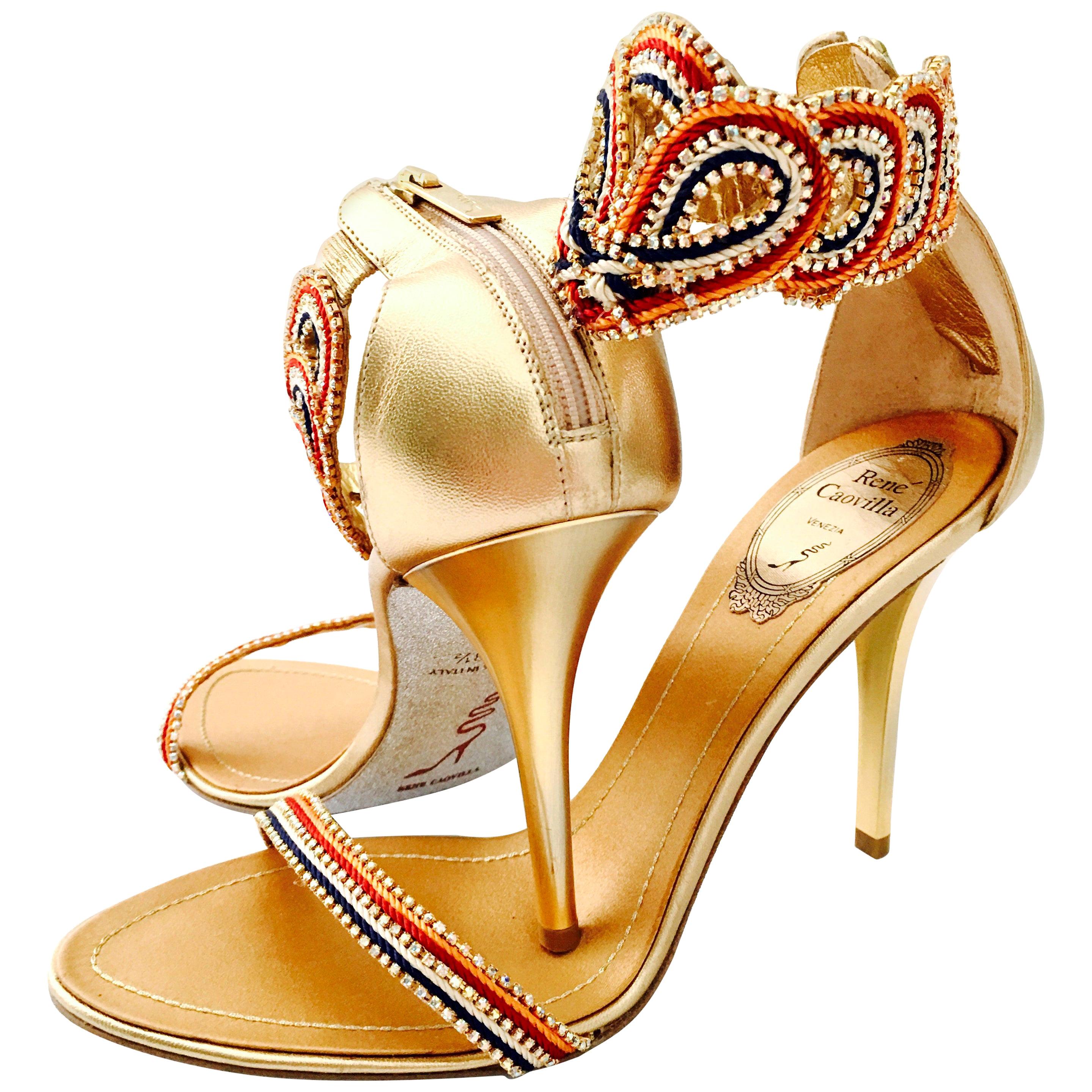 21st Century New Rene Caovilla Metallic Embellished Ankle Wrap Sandals  For Sale