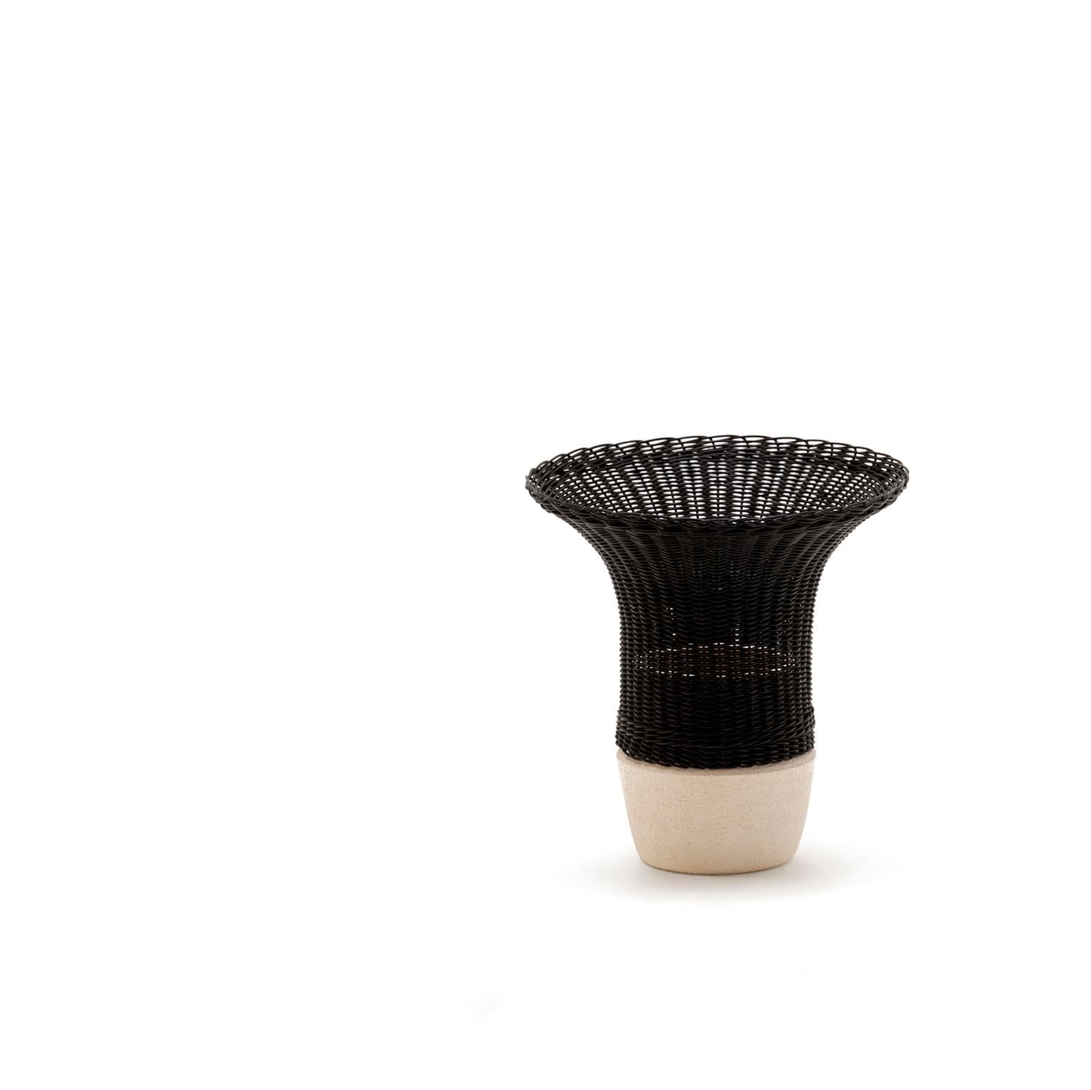 Hand-Crafted Nodo Woven Wicker and Ceramic 21st Century Vase B/ Natural, by Bottega Intreccio For Sale