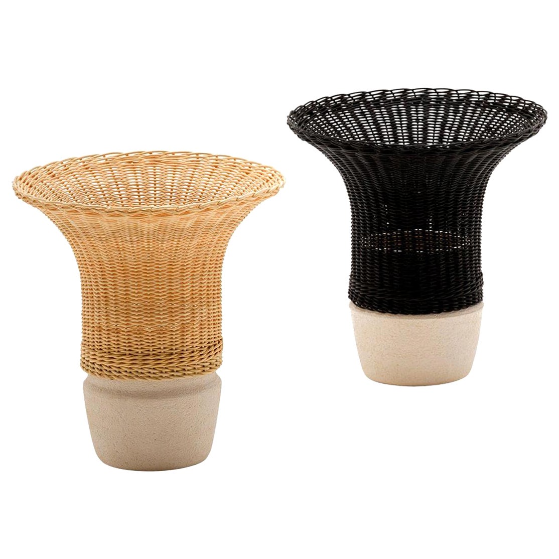 Vase 21e siècle en osier tissé et céramique B/ Natural de Bottega Intreccio