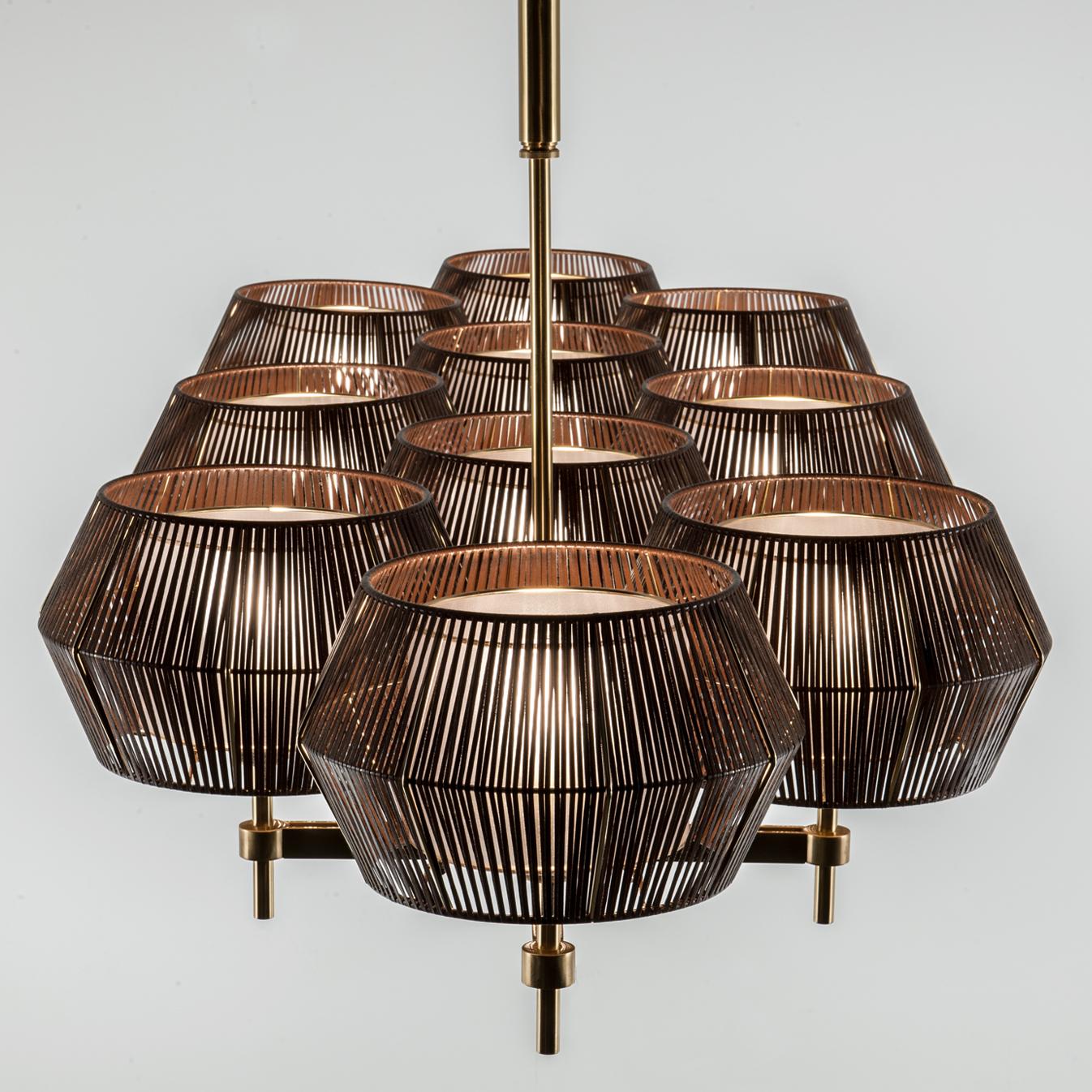Modern 21st Century Novecento Brass and Eco Leather Chandelier by Roberto Lazzeroni For Sale