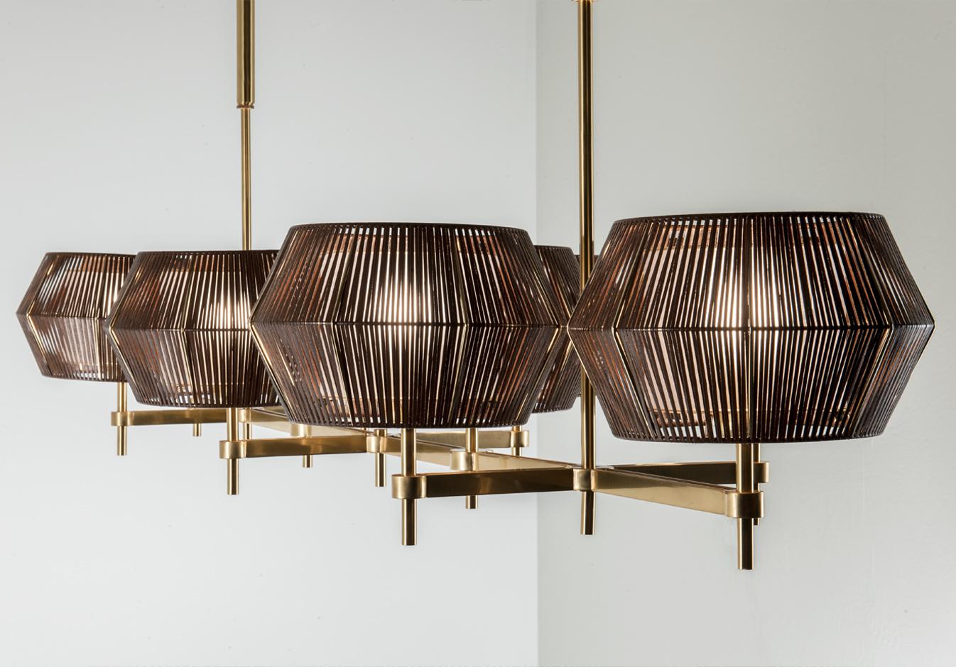 Italian 21st Century Novecento Brass and Eco Leather Chandelier by Roberto Lazzeroni For Sale