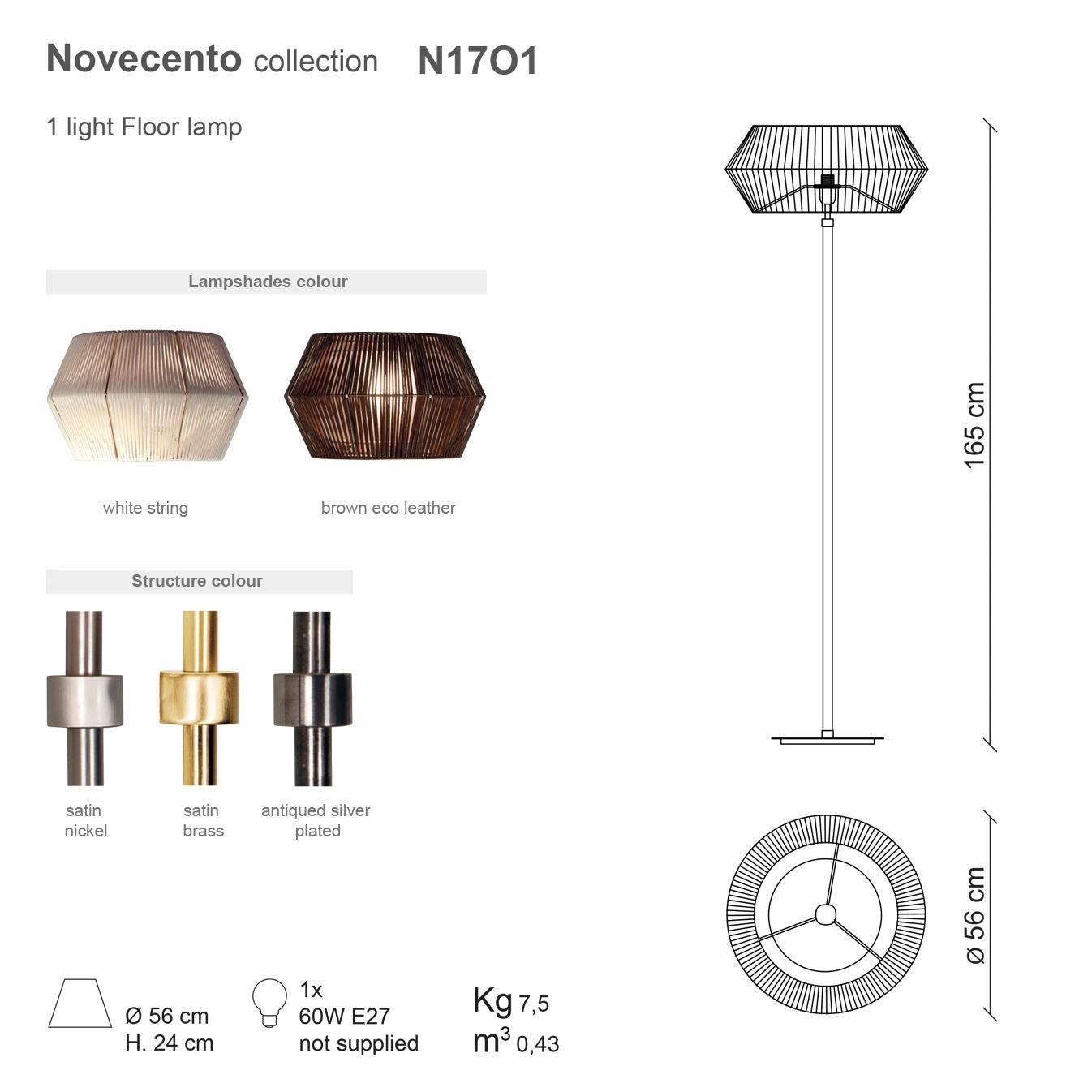 Contemporary 21st Century Novecento Brass and Eco Leather Floor Lamp by Roberto Lazzeroni For Sale