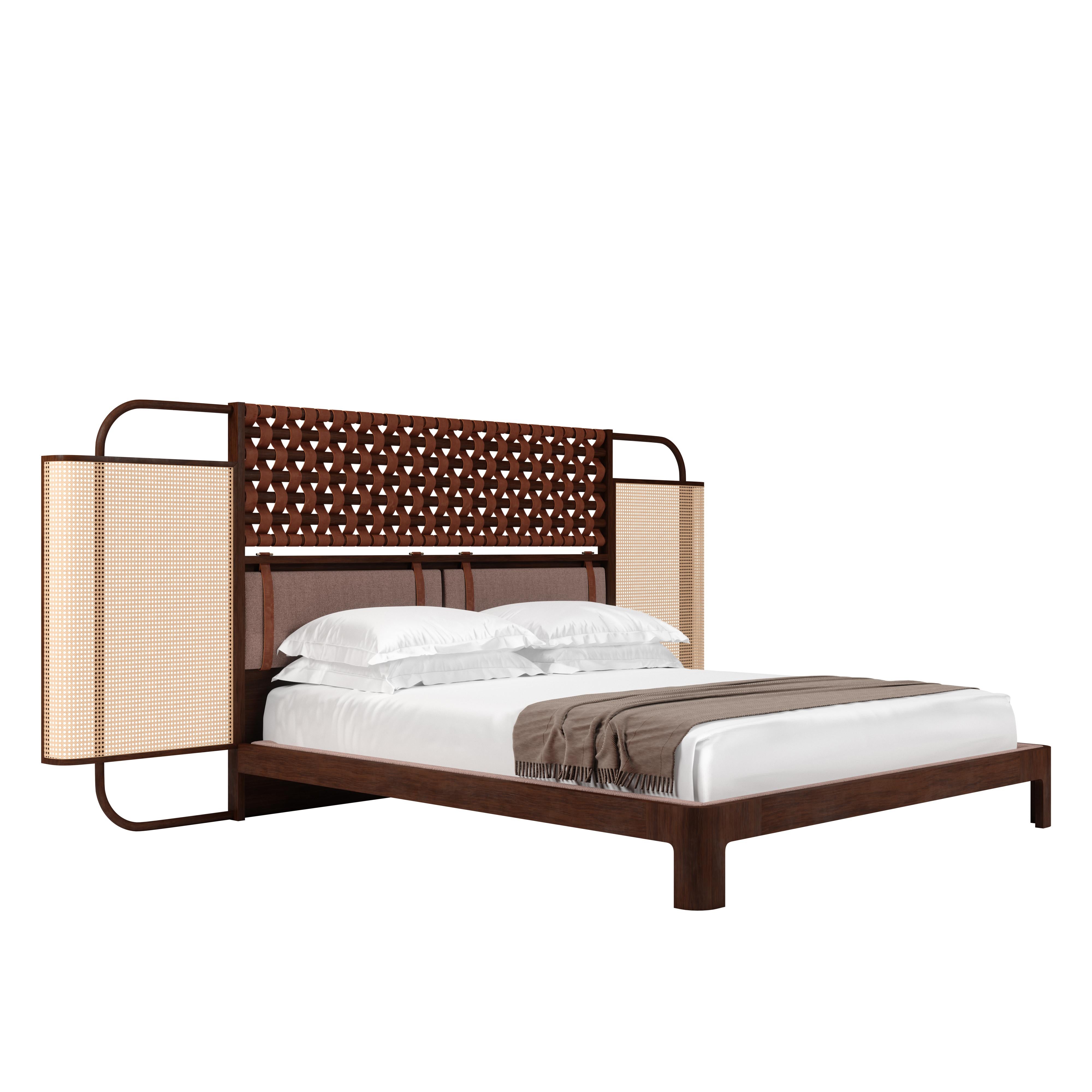 Portuguese 21st Century O'Connell I Bed Rattan Brass Wood Leather For Sale