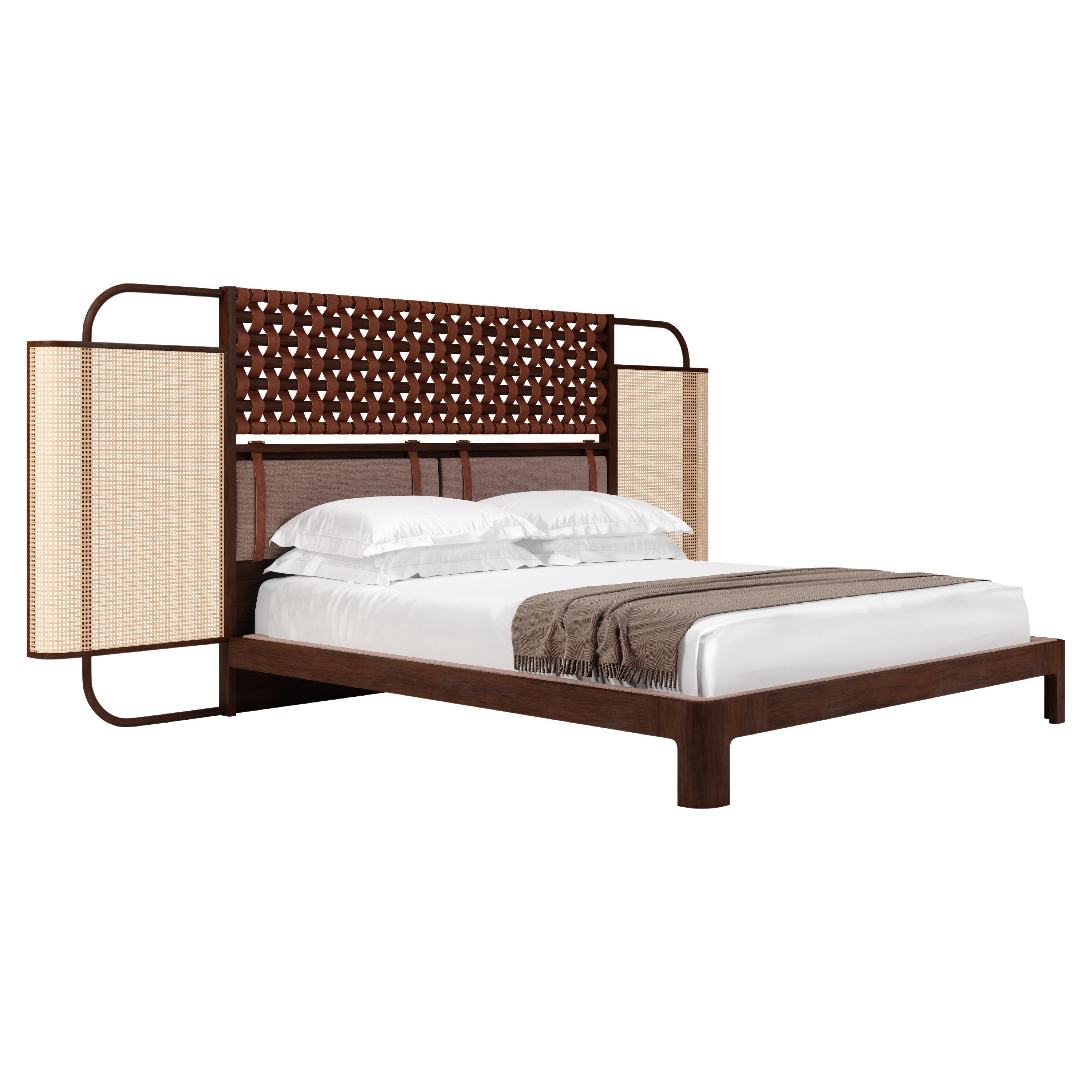 21st Century O'Connell I Bed Rattan Brass Wood Leather For Sale