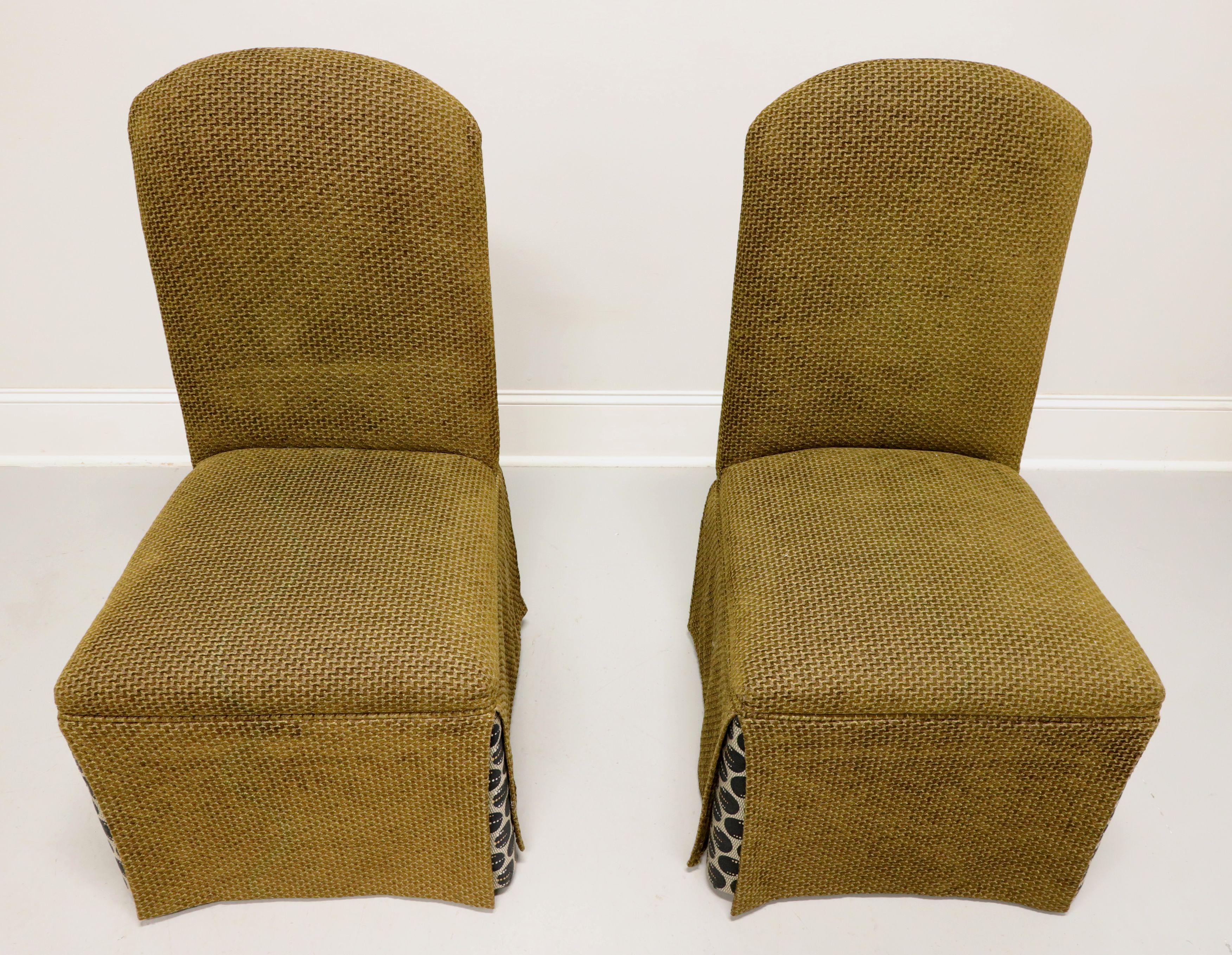 A pair of Transitional style Parsons chairs, unbranded, similar quality to Lane. Solid wood frame, olive green color tweed like fabric upholstered, fully skirted with corner underskirts in a circular pattern of black, beige and brown. Made in the