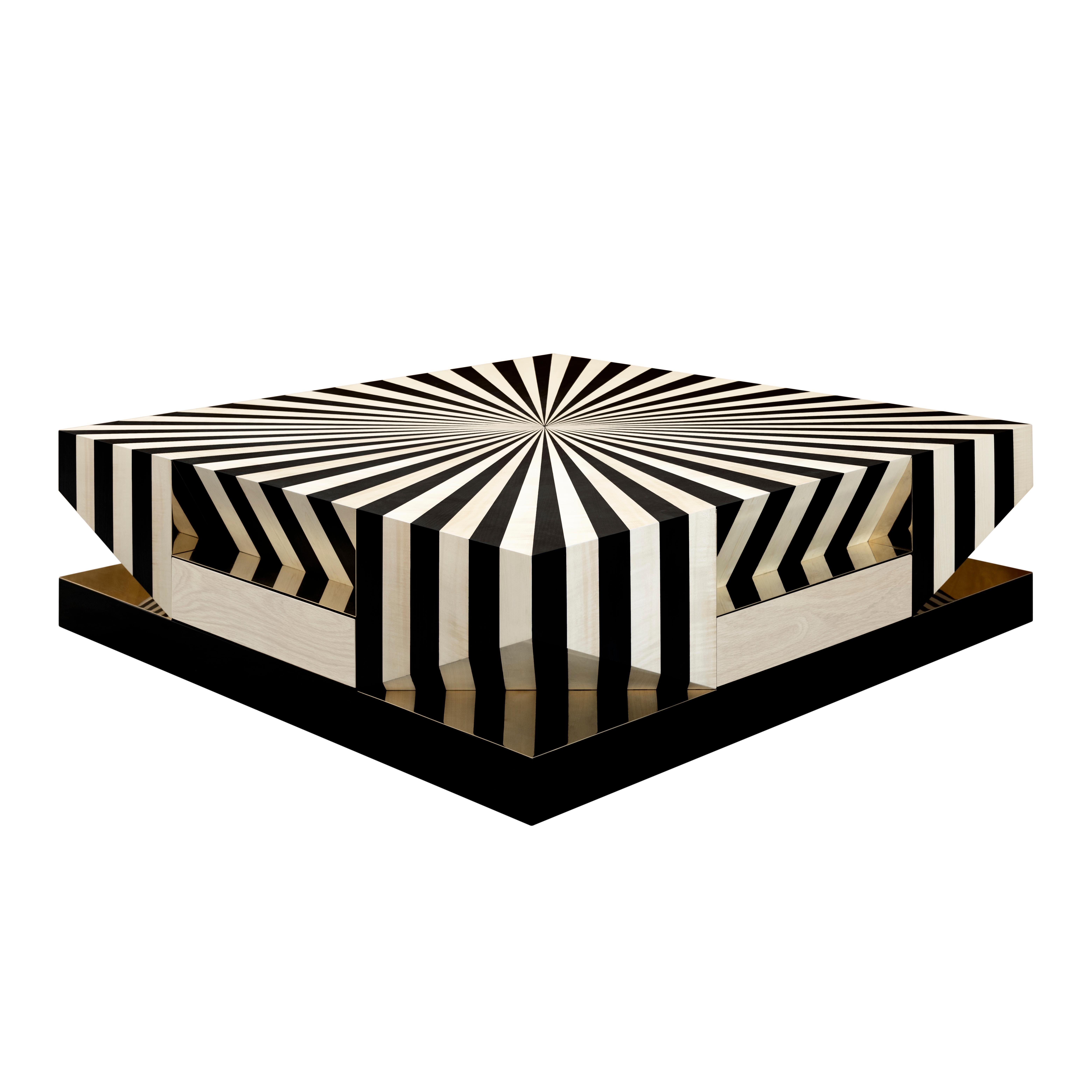 Brass 21st Century Op-Art Center Table Graphic marquetry pattern by Malabar For Sale