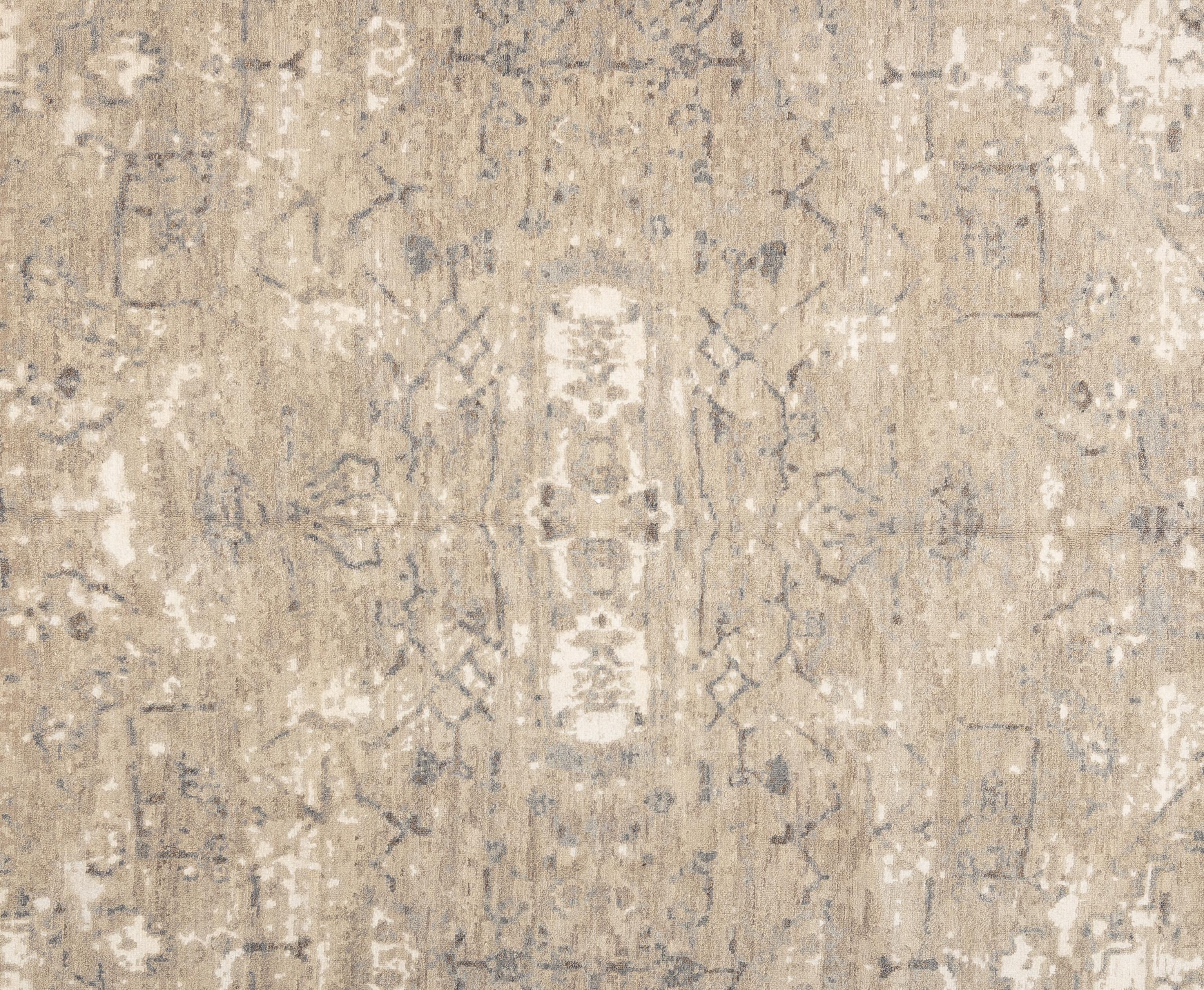 An all-over organic pattern of greige with lavender, taupe, and ivory on a warm beige field.
Handwoven in India using the finest handspun wool.

Size - 12' x 15'
Color - Subtle grays, taupes, beige and ivory accents
Type - Oushak

**Certified and