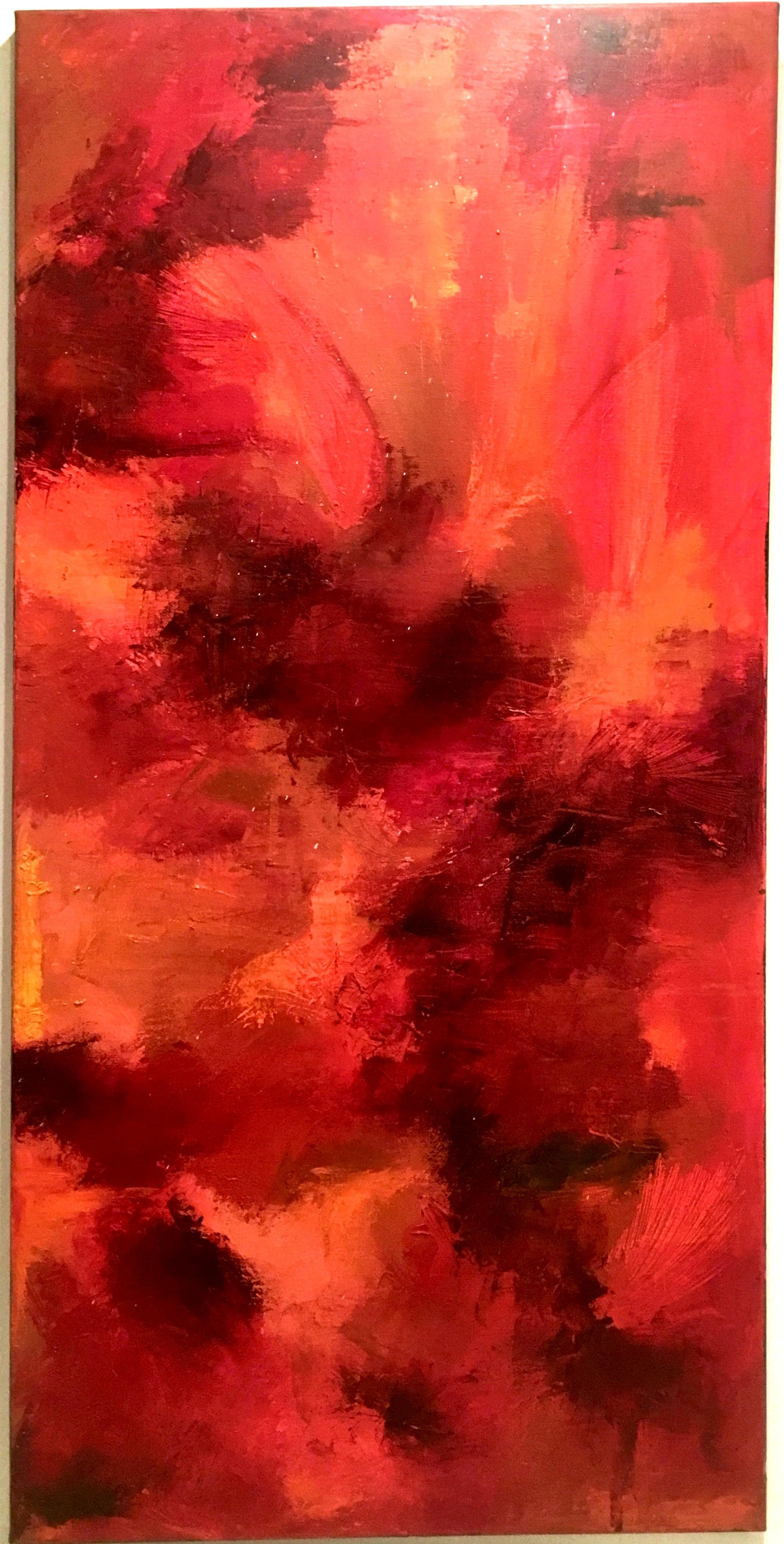 2010 Original oil on canvas abstract painting signed. This large scale four foot abstract painting features textured and vibrant hues of orange, red and yellow. Artist-signed and dated on the reverse-illegible.