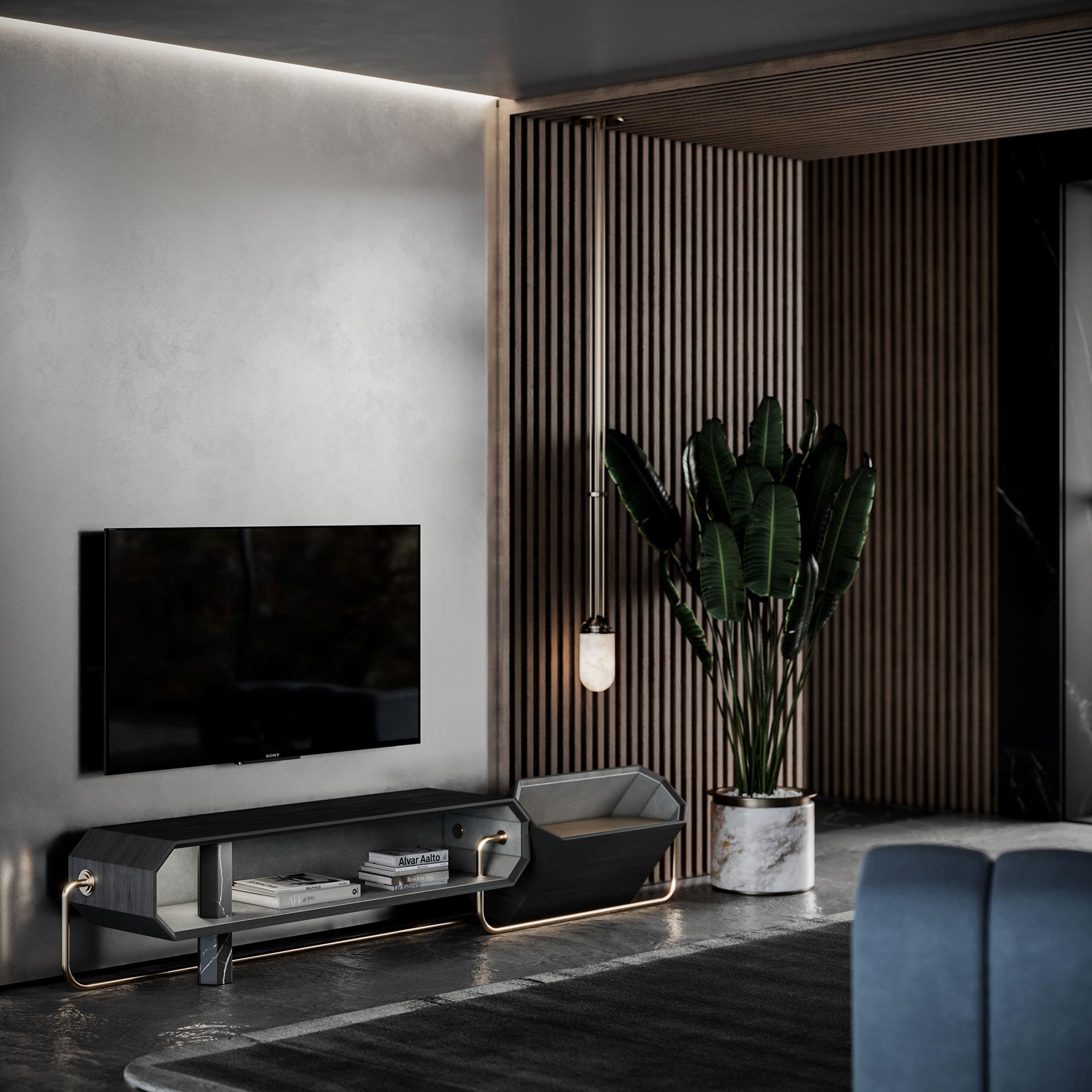Transforming sights into deluxe living protagonists, Porus studio designers conceived the Orleans Tv Unit.
Geometric shapes come in black lacquered wood embracing Nero Marquina marble and brushed brass. The Tv unit enriches the entertainment