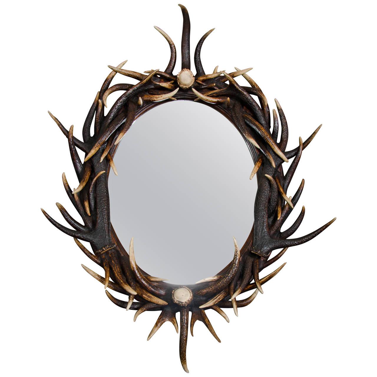 Contemporary 21st Century Ornate Oval Dark Antler Horn Mirror