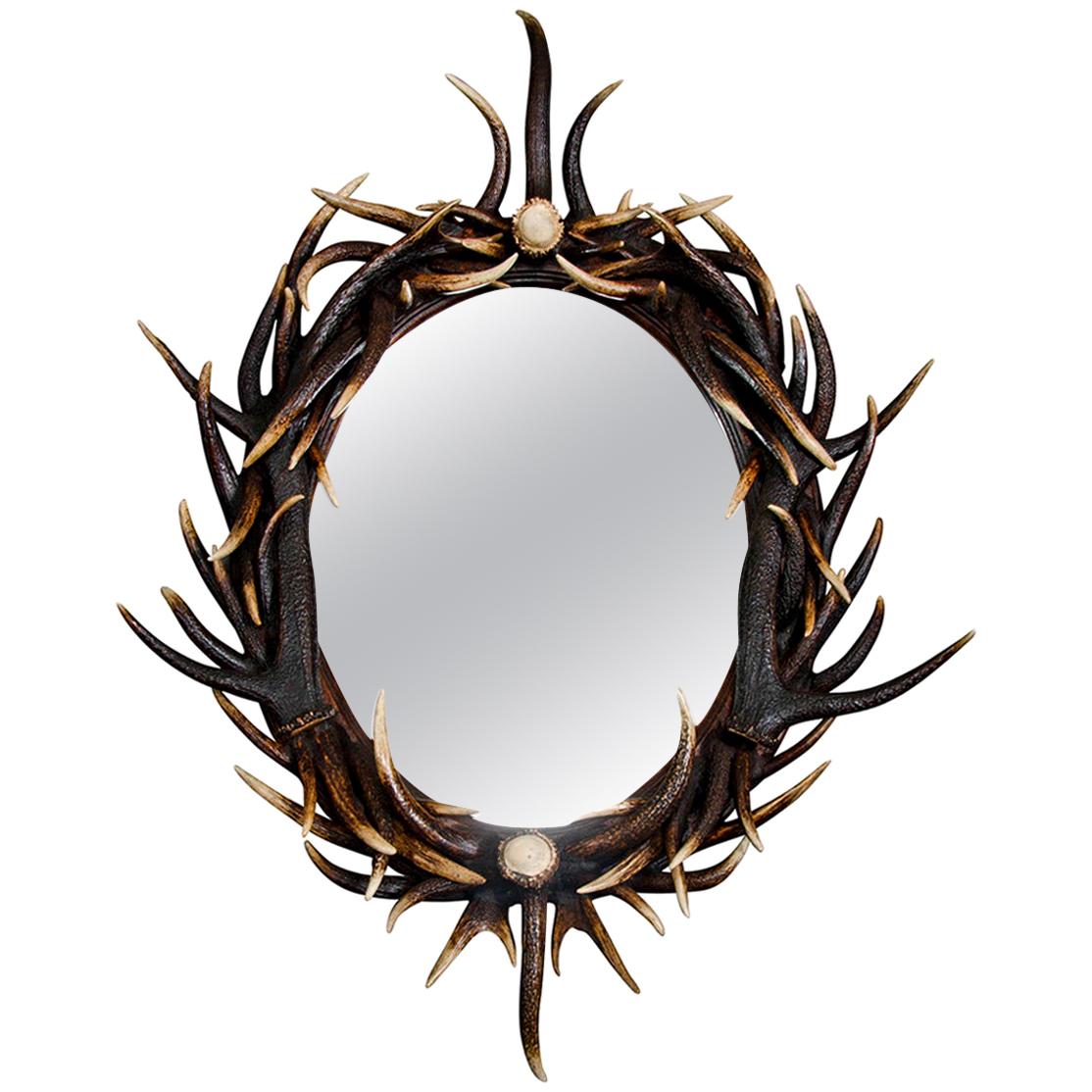 21st Century Ornate Oval Dark Antler Horn Mirror