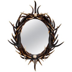 21st Century Ornate Oval Dark Antler Horn Mirror