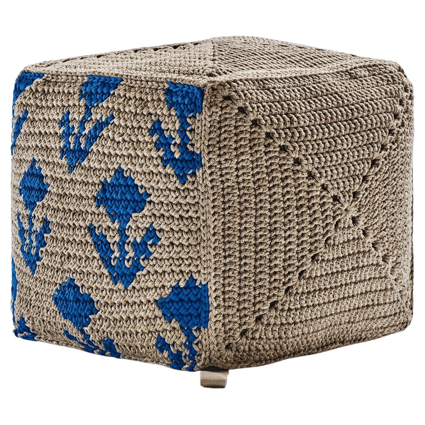 21st Century Outdoor Indoor Handmade Graphic Block Pouf - Earth Blue in vendita