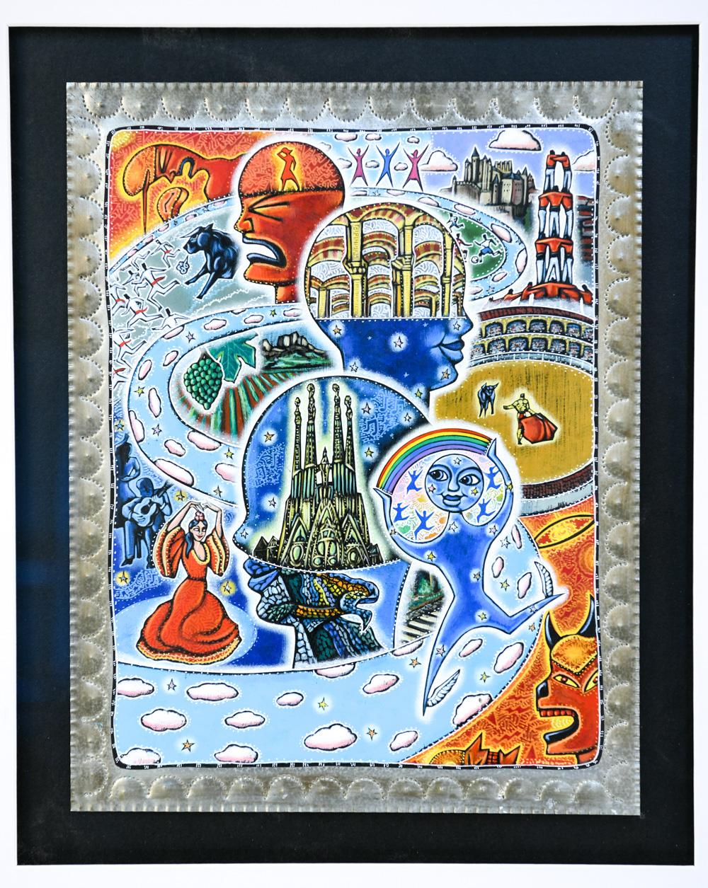 This colorful, contemporary painting depicts the many adventures you may encounter in this life. The artist brings you along an emotional journey with juxtaposing imagery of the ups and Downs of life. The bright colors of the acrylic/oil on tin with