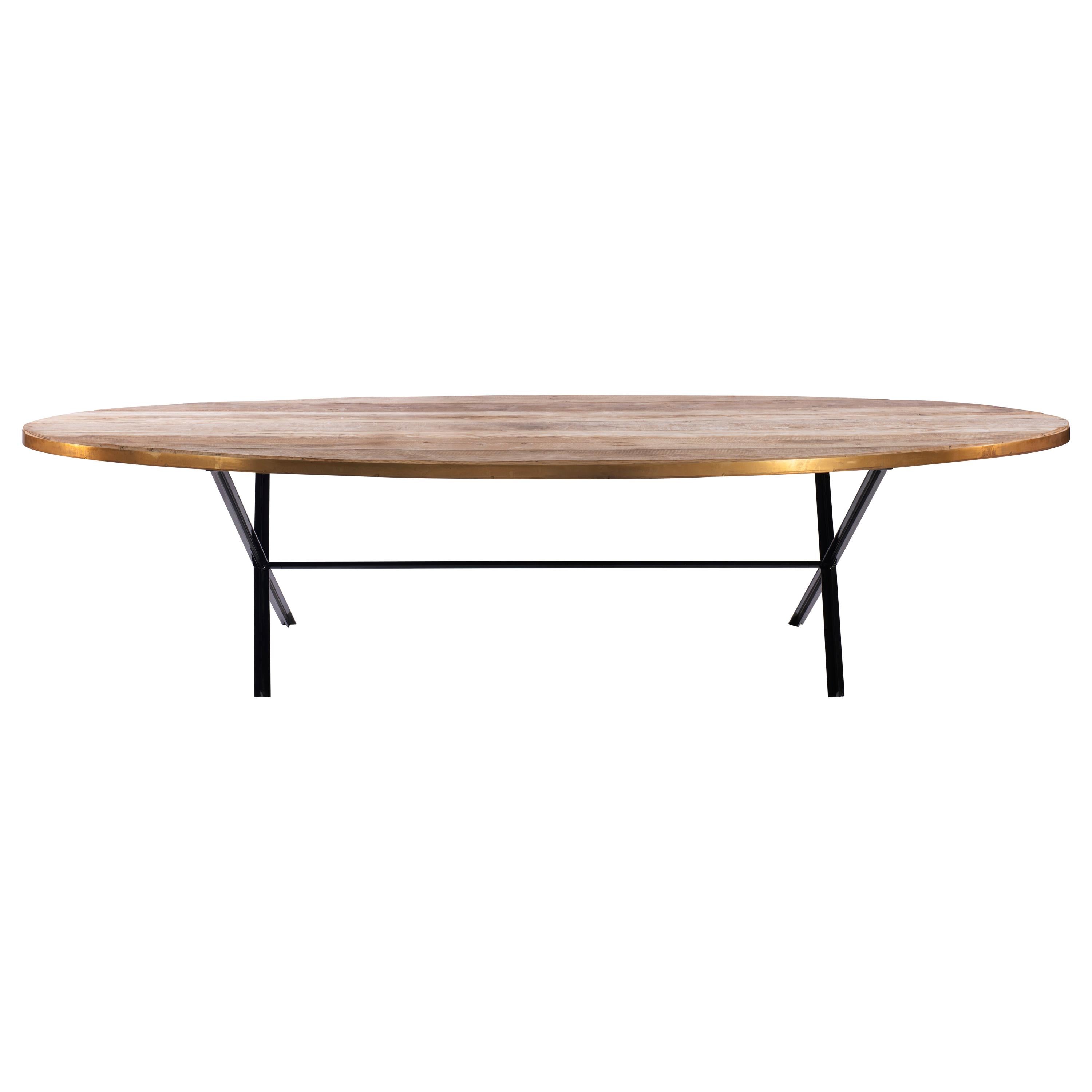 table à manger ovale du 21e siècle:: chêne récupéré:: anneau en laiton:: pieds en acier en vente