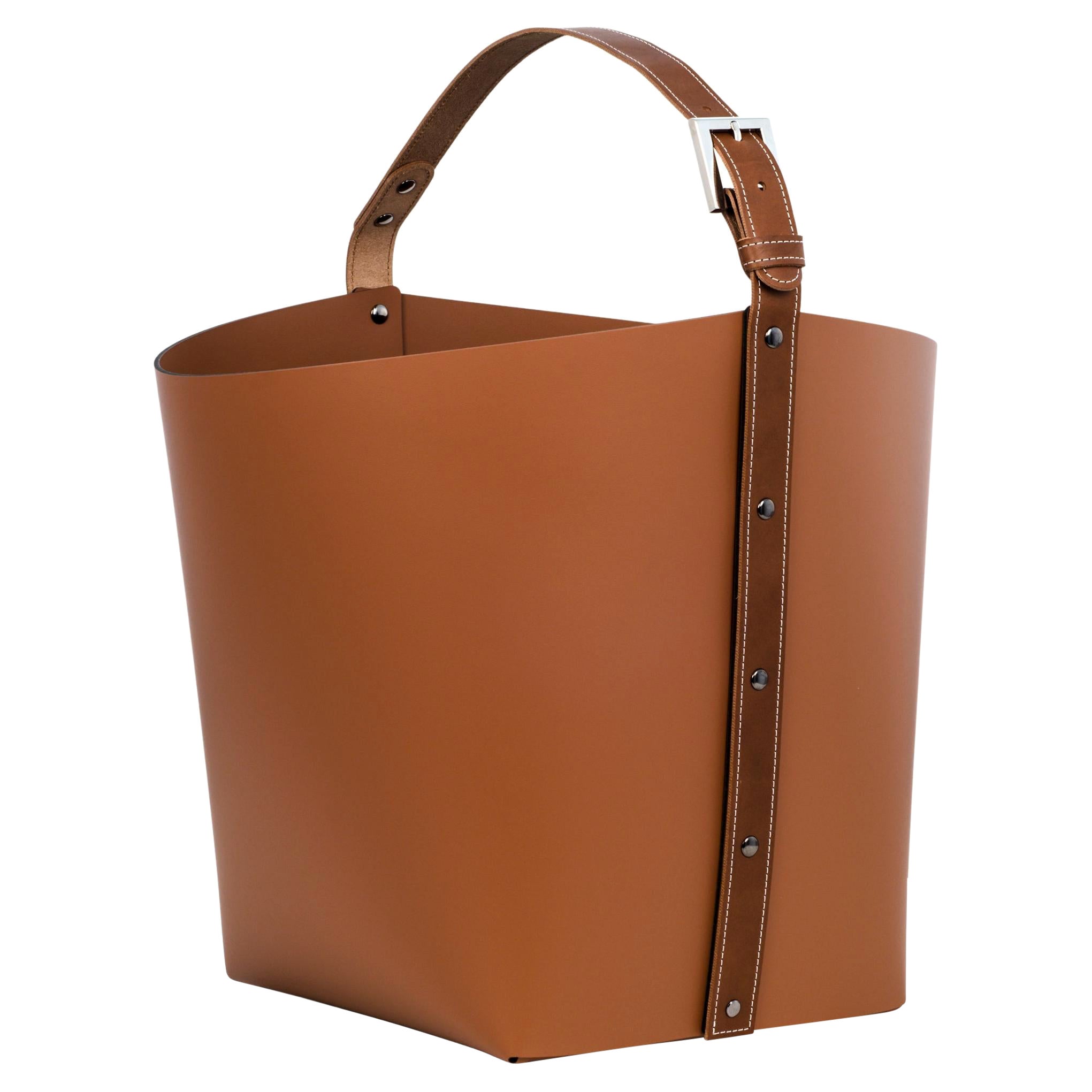 21st Century Ovo Wood & Magazine Leather Basket with Handle Handmade in Italy