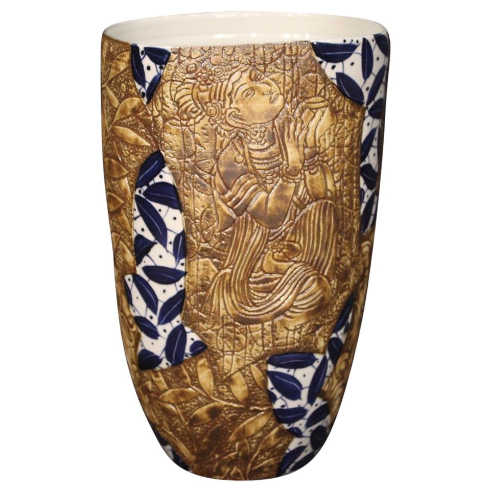 21st Century Painted Glazed and Chiselled Ceramic Chinese Vase, 2000