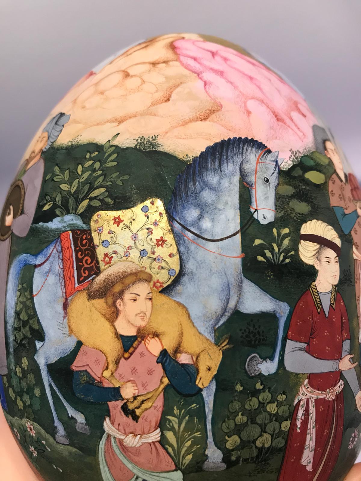 21st century, beautifully detailed ostrich egg, Iranian.

With rich colors and beautiful attention to detail

Measures: 16.5cm tall.