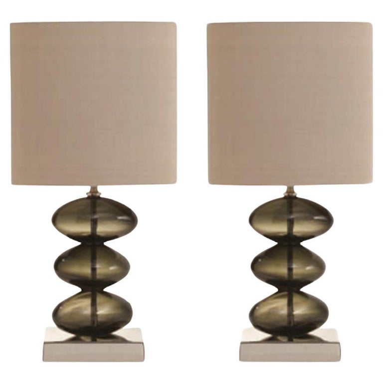 Post Modern Style Pair Bronze Color Blown Glass Table Lamps For 