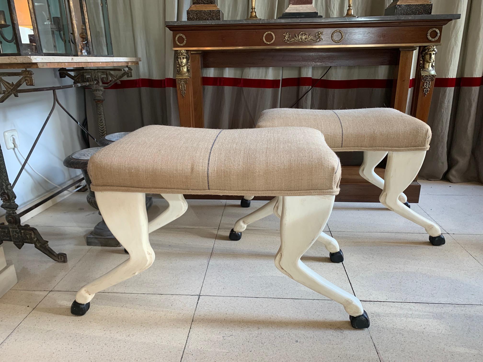 21st Century Pair Carved and Hand Painted Upholstered Benches For Sale 2