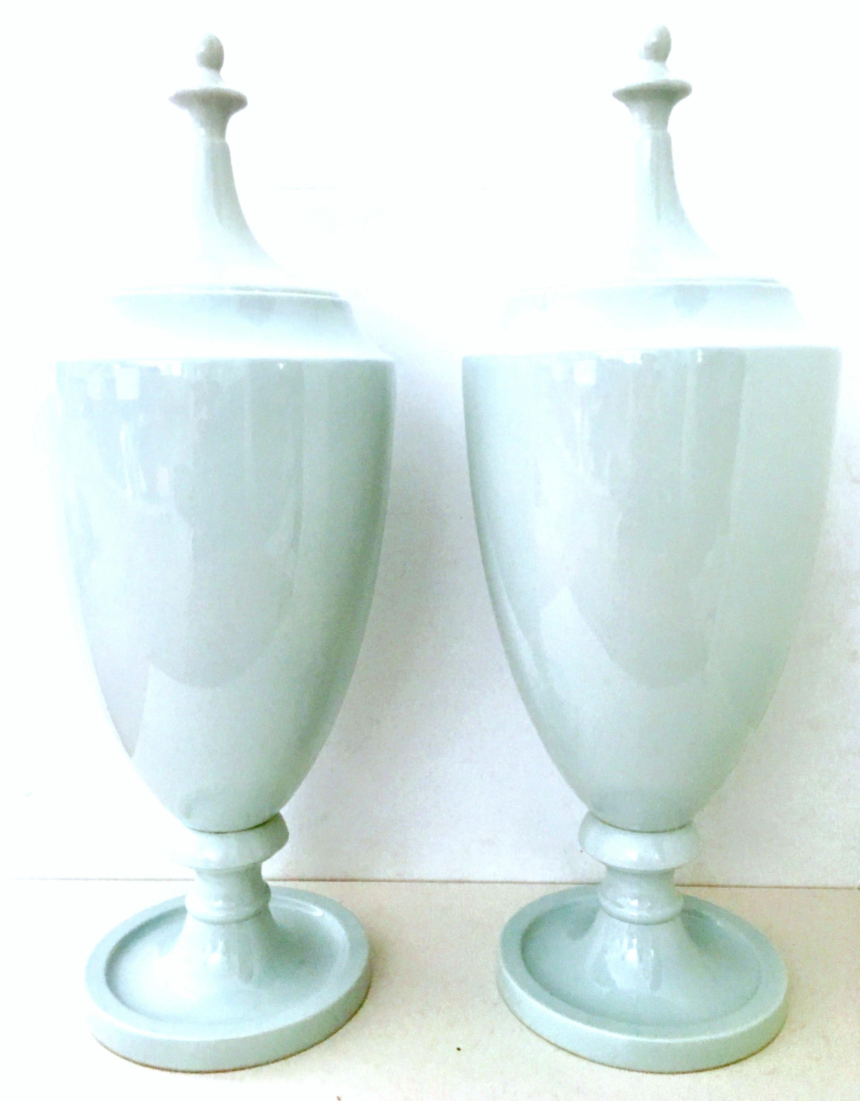 21st Century pair of contemporary ceramic glaze robins egg blue lidded floor ginger jar urns. Each urn stands 32