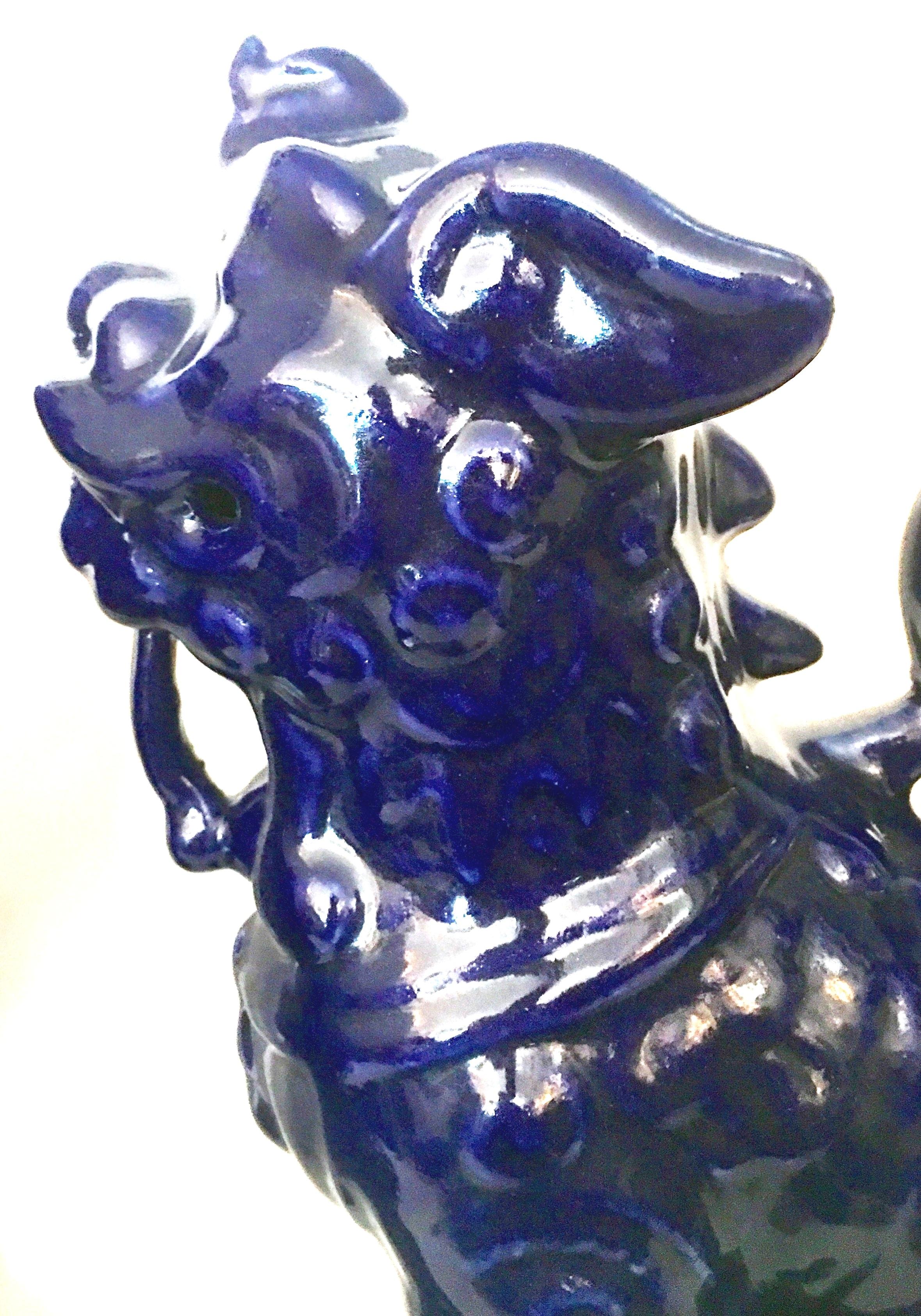 21st Century Pair of Chinese Ceramic Glaze Cobalt Foo Dog Sculptures 5