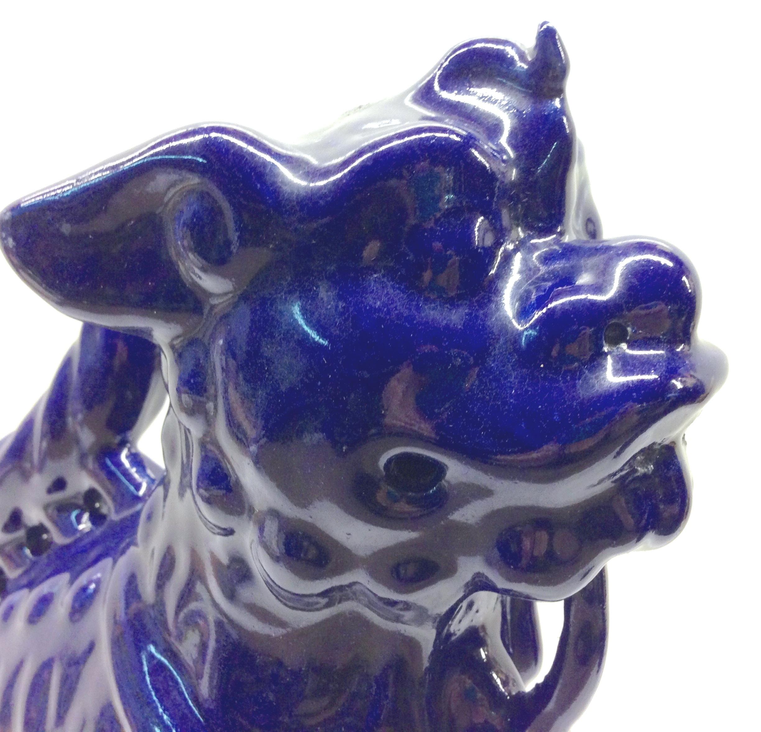 21st Century Pair of Chinese Ceramic Glaze Cobalt Foo Dog Sculptures 6