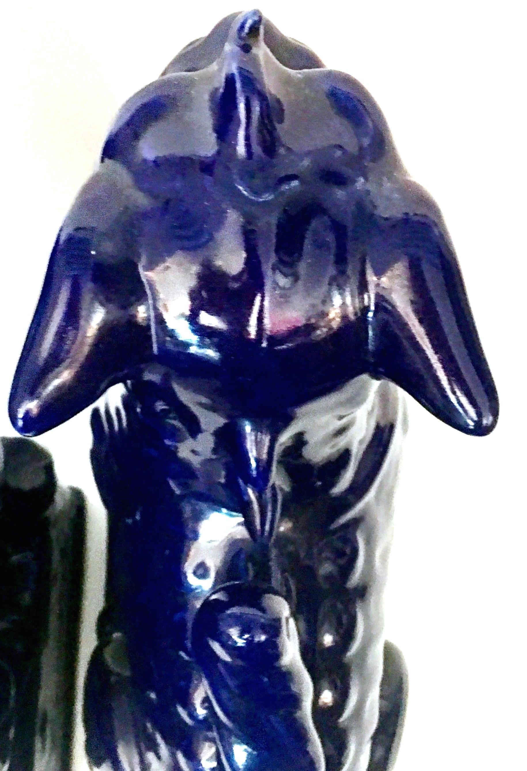 21st Century Pair of Chinese Ceramic Glaze Cobalt Foo Dog Sculptures 7
