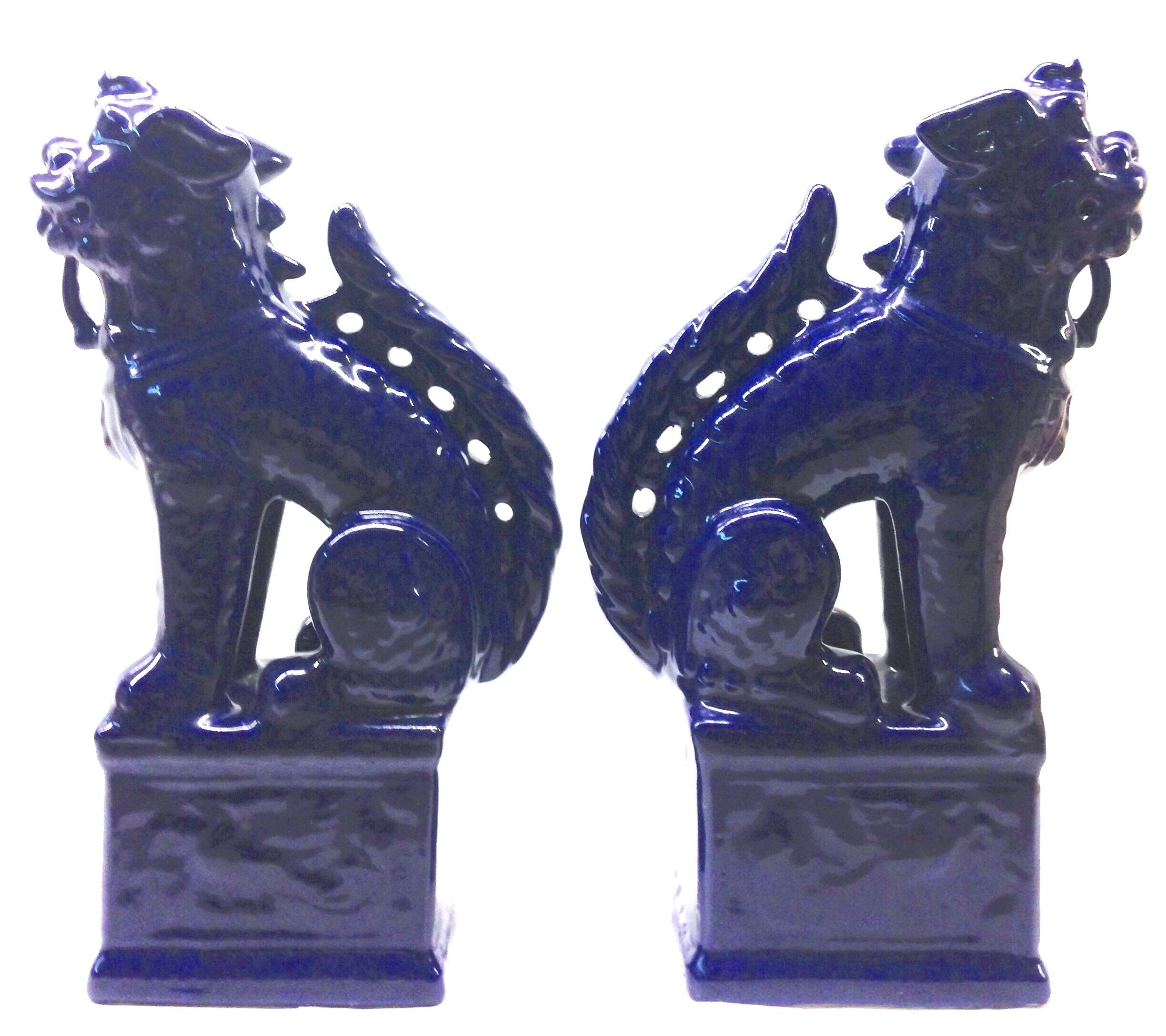 Chinoiserie 21st Century Pair of Chinese Ceramic Glaze Cobalt Foo Dog Sculptures