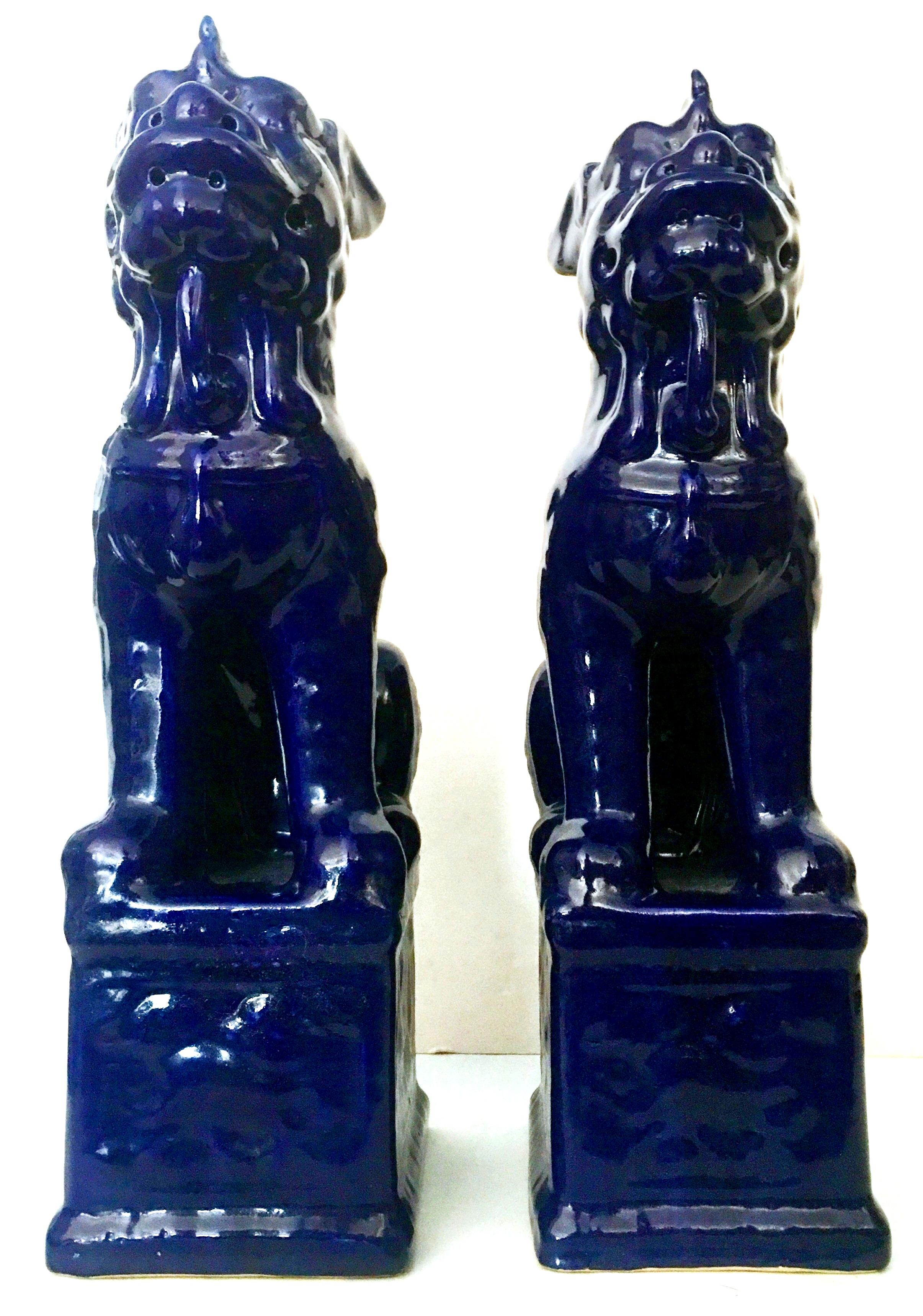 Contemporary 21st Century Pair of Chinese Ceramic Glaze Cobalt Foo Dog Sculptures