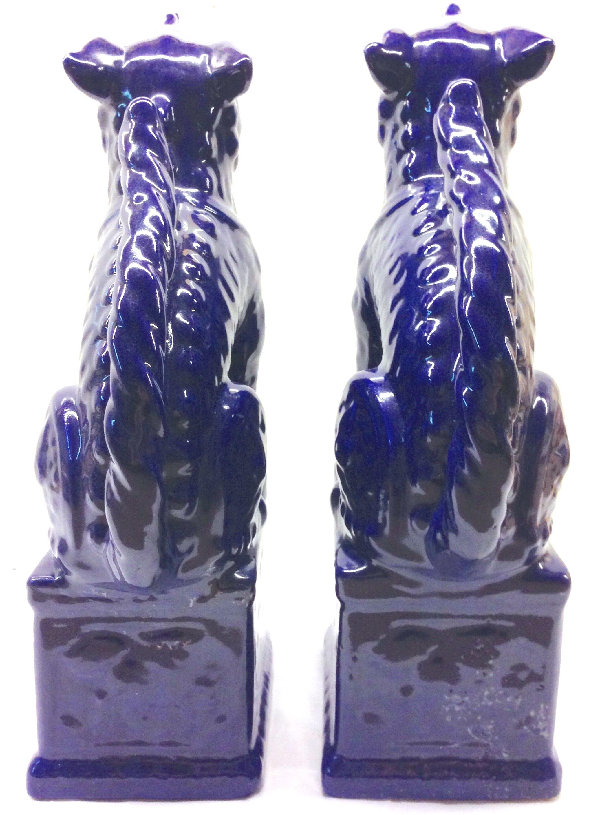 21st Century Pair of Chinese Ceramic Glaze Cobalt Foo Dog Sculptures 1