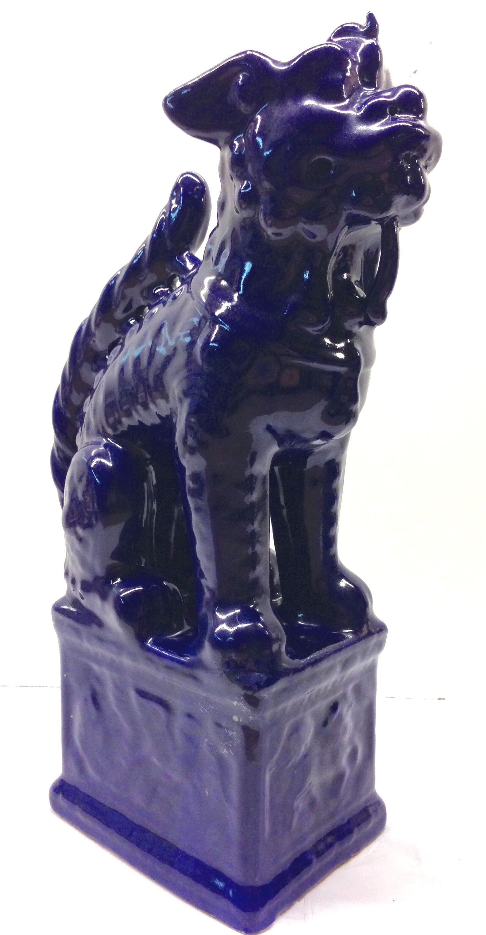 21st Century Pair of Chinese Ceramic Glaze Cobalt Foo Dog Sculptures 2