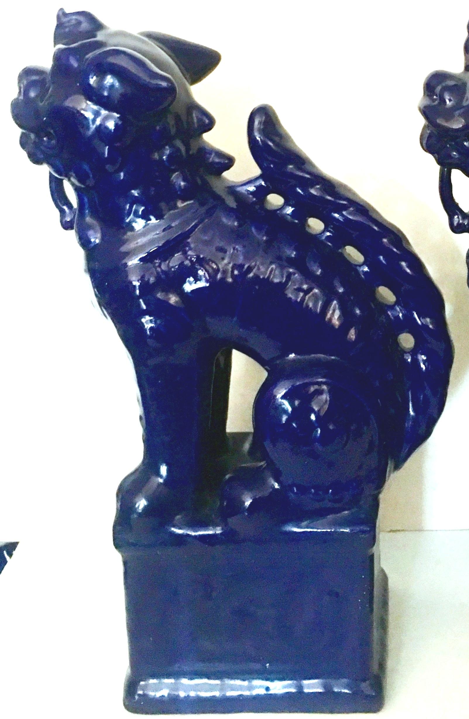 21st Century Pair of Chinese Ceramic Glaze Cobalt Foo Dog Sculptures 3