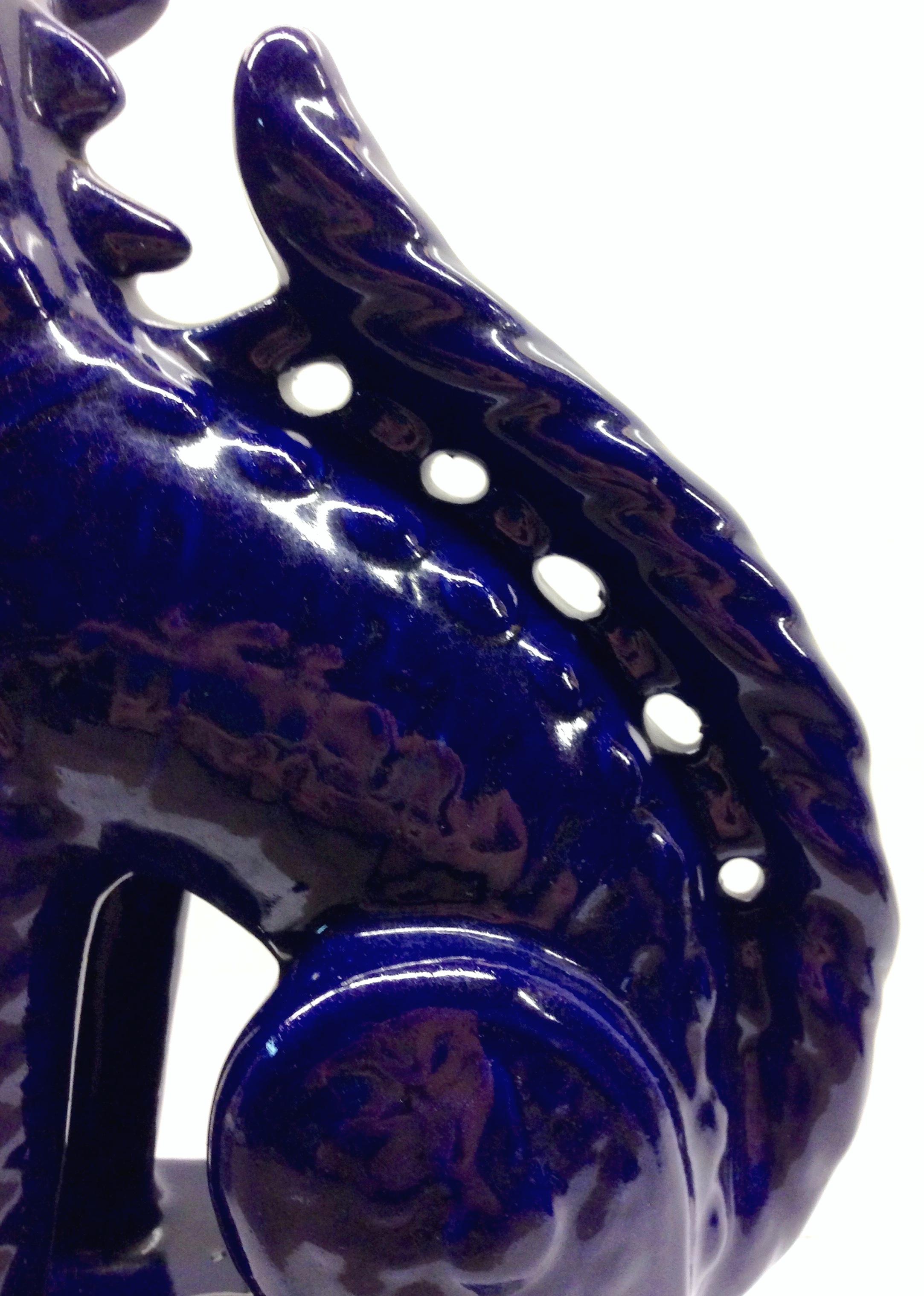 21st Century Pair of Chinese Ceramic Glaze Cobalt Foo Dog Sculptures 4