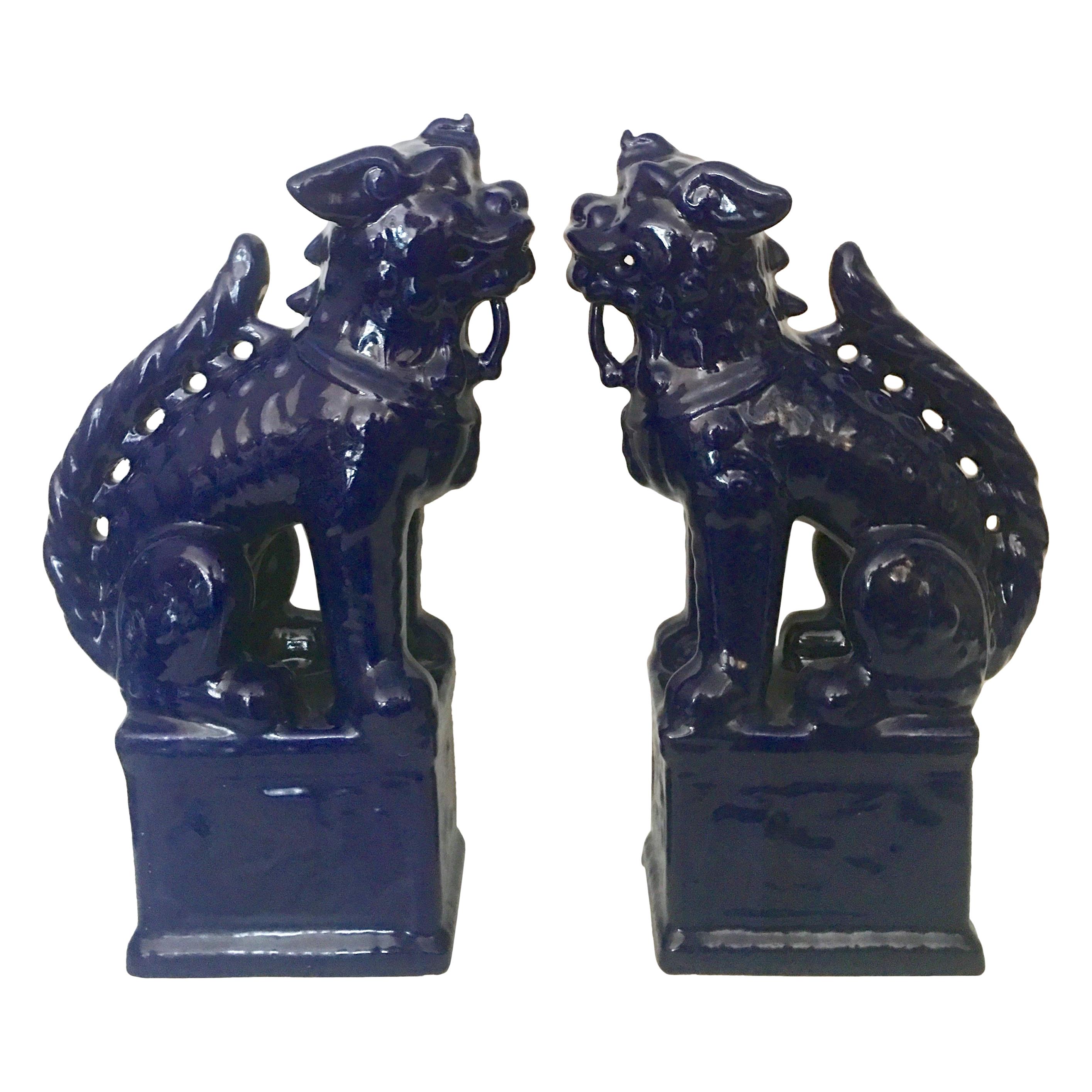 21st Century Pair of Chinese Ceramic Glaze Cobalt Foo Dog Sculptures