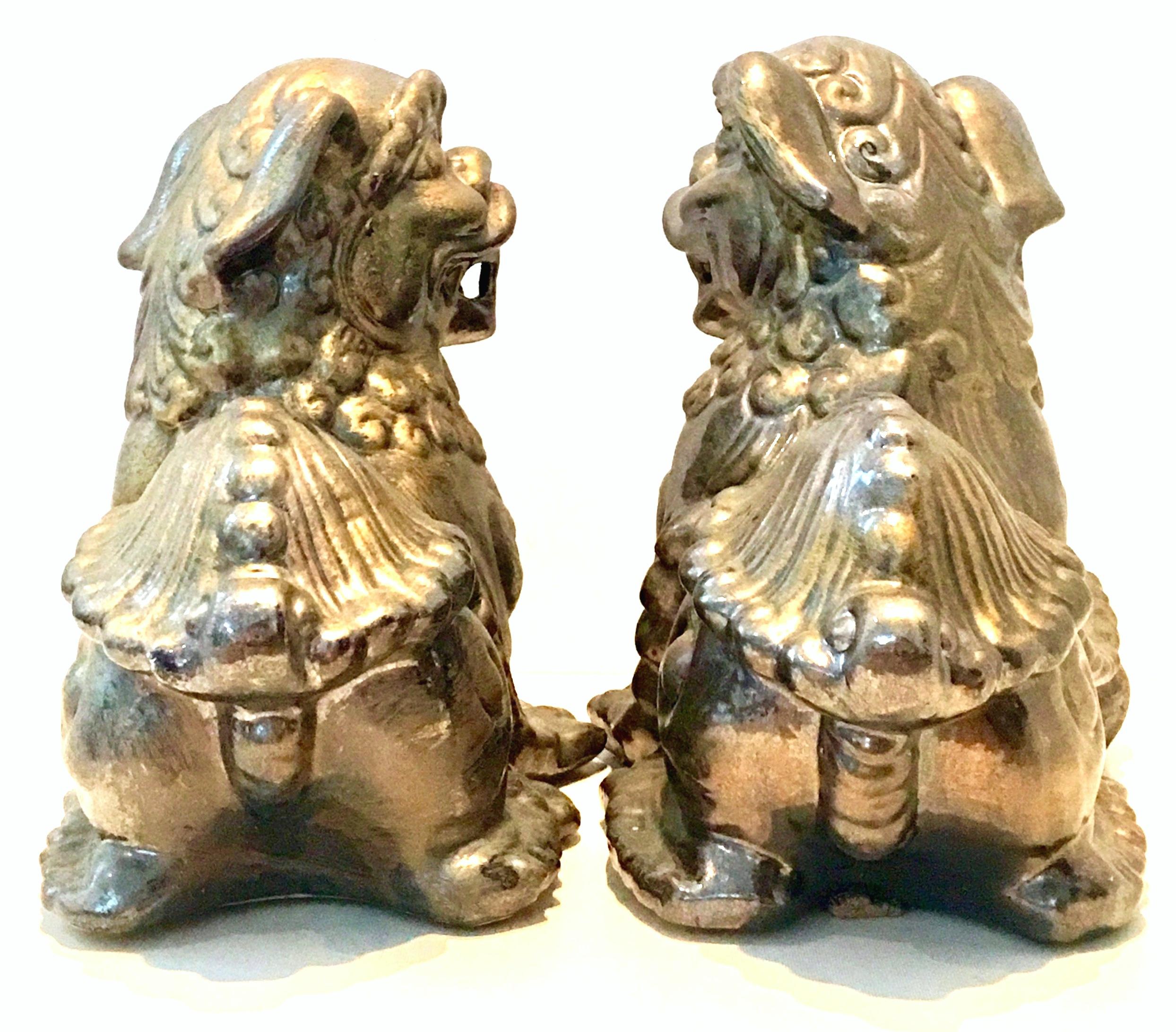 Asian 21st Century Pair of Contemporary Gold Gilt Ceramic Glaze Foo Dog Sculptures For Sale