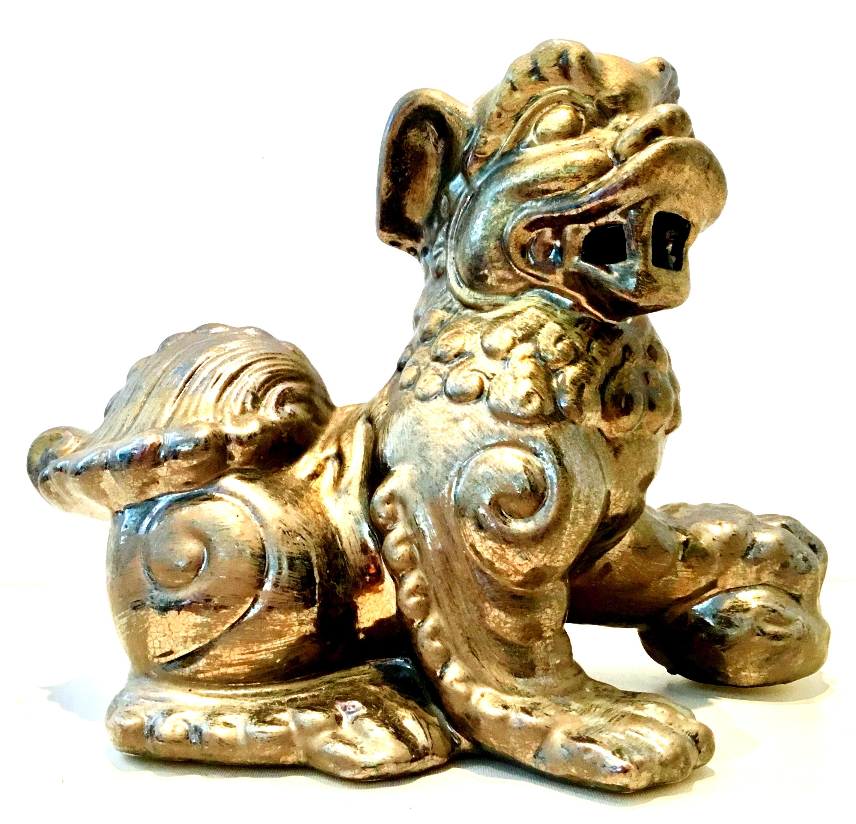 21st Century Pair Of Contemporary Gold Ceramic Glaze Foo Dog Sculptures 1