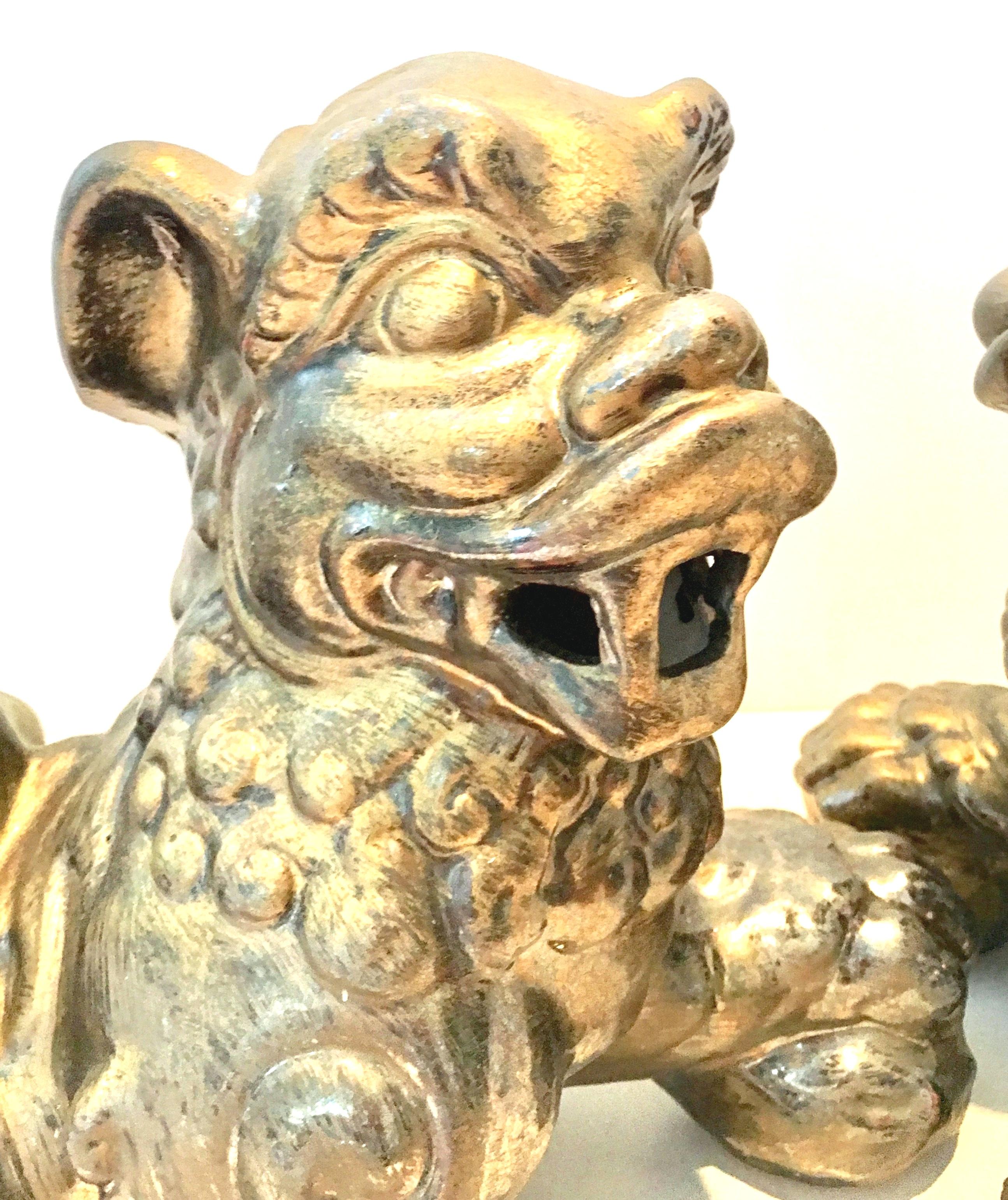 21st Century Pair of Contemporary Gold Gilt Ceramic Glaze Foo Dog Sculptures For Sale 2